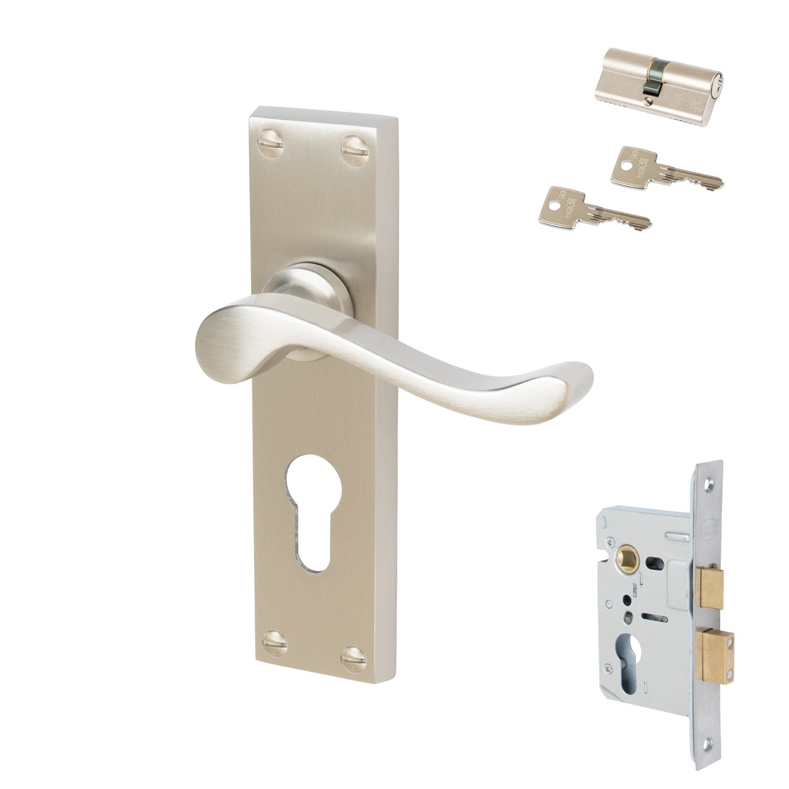 Bedford Door Handles On Plate Euro Lock Handle Set in Satin Nickel