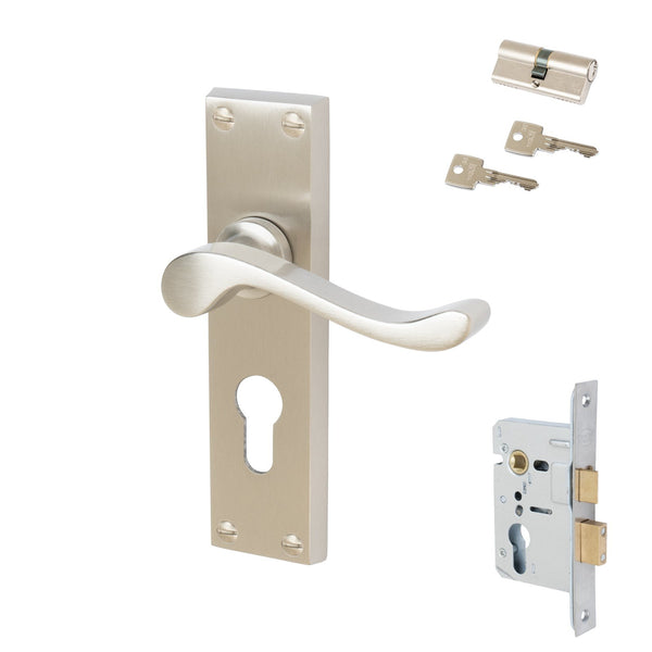 Bedford Door Handles On Plate Euro Lock Handle Set in Satin Nickel