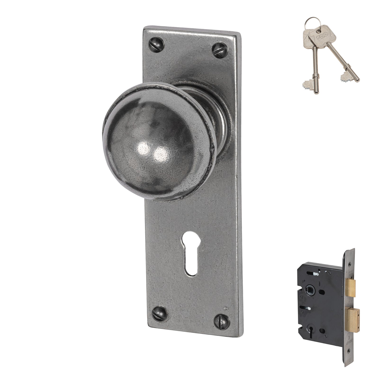 Pelton Pewter Door Knobs On Narrow Backplate 3 lever lock set