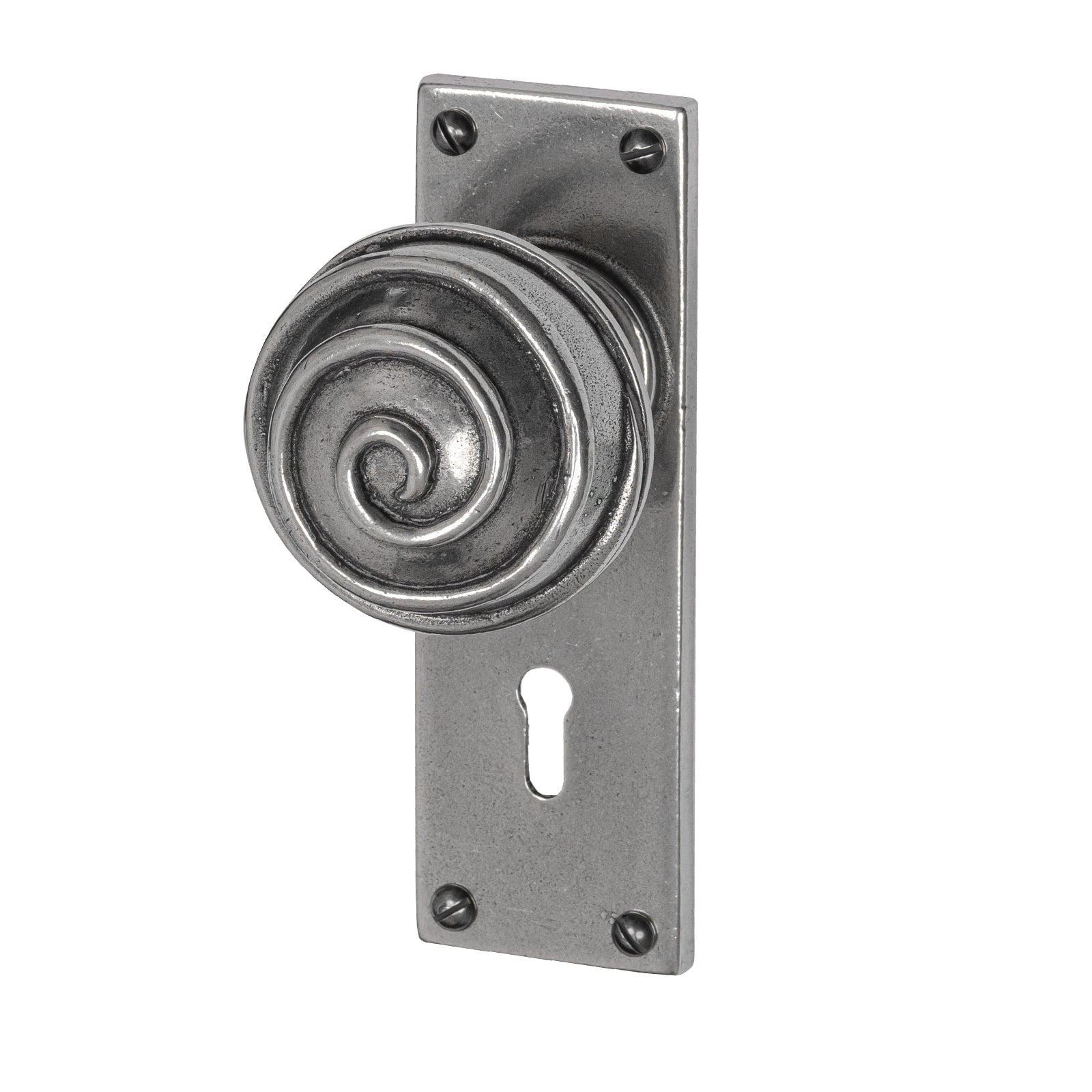 Swirl Pewter Door Knobs On Narrow Backplate lock