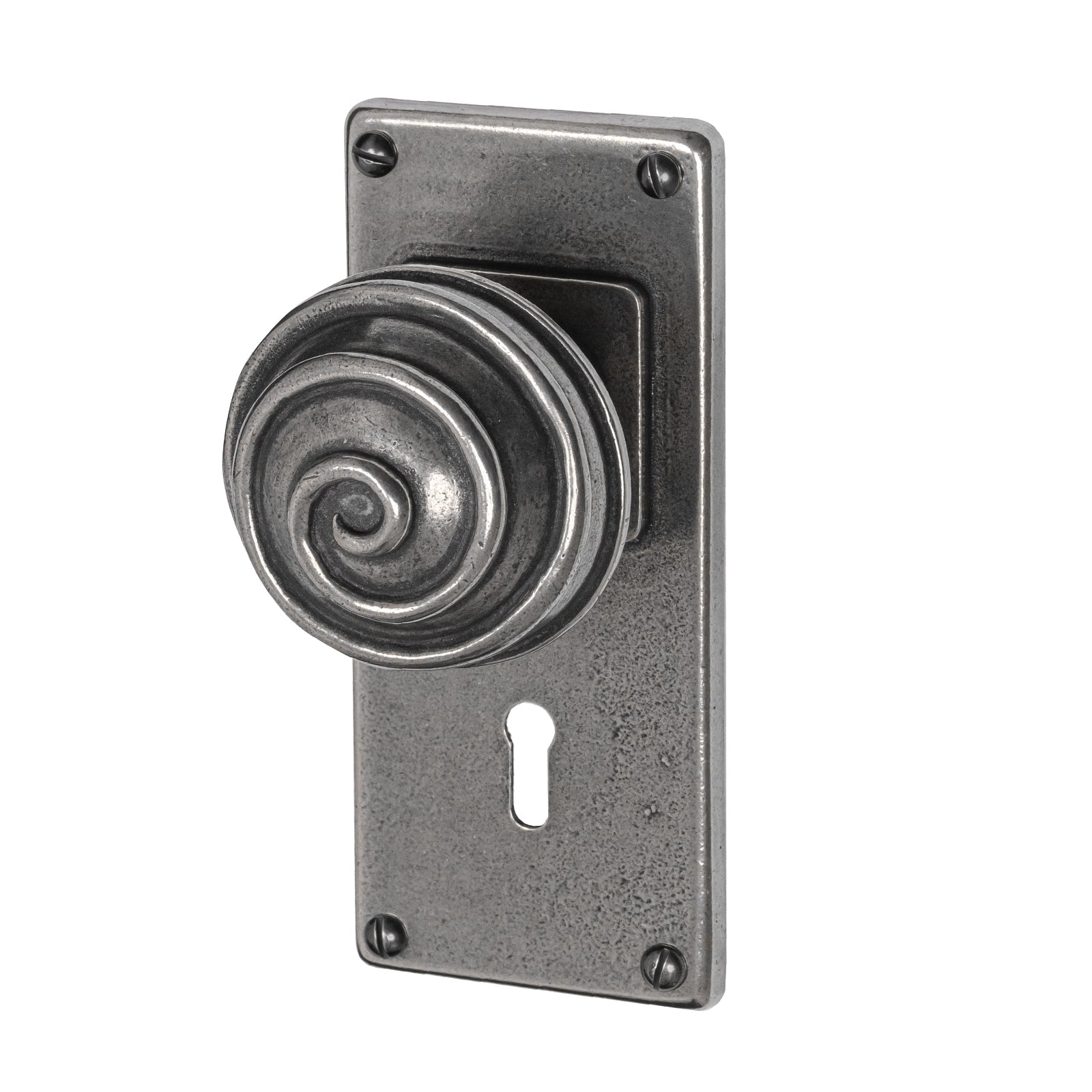 Swirl Pewter Door Knobs On Wide Backplate lock