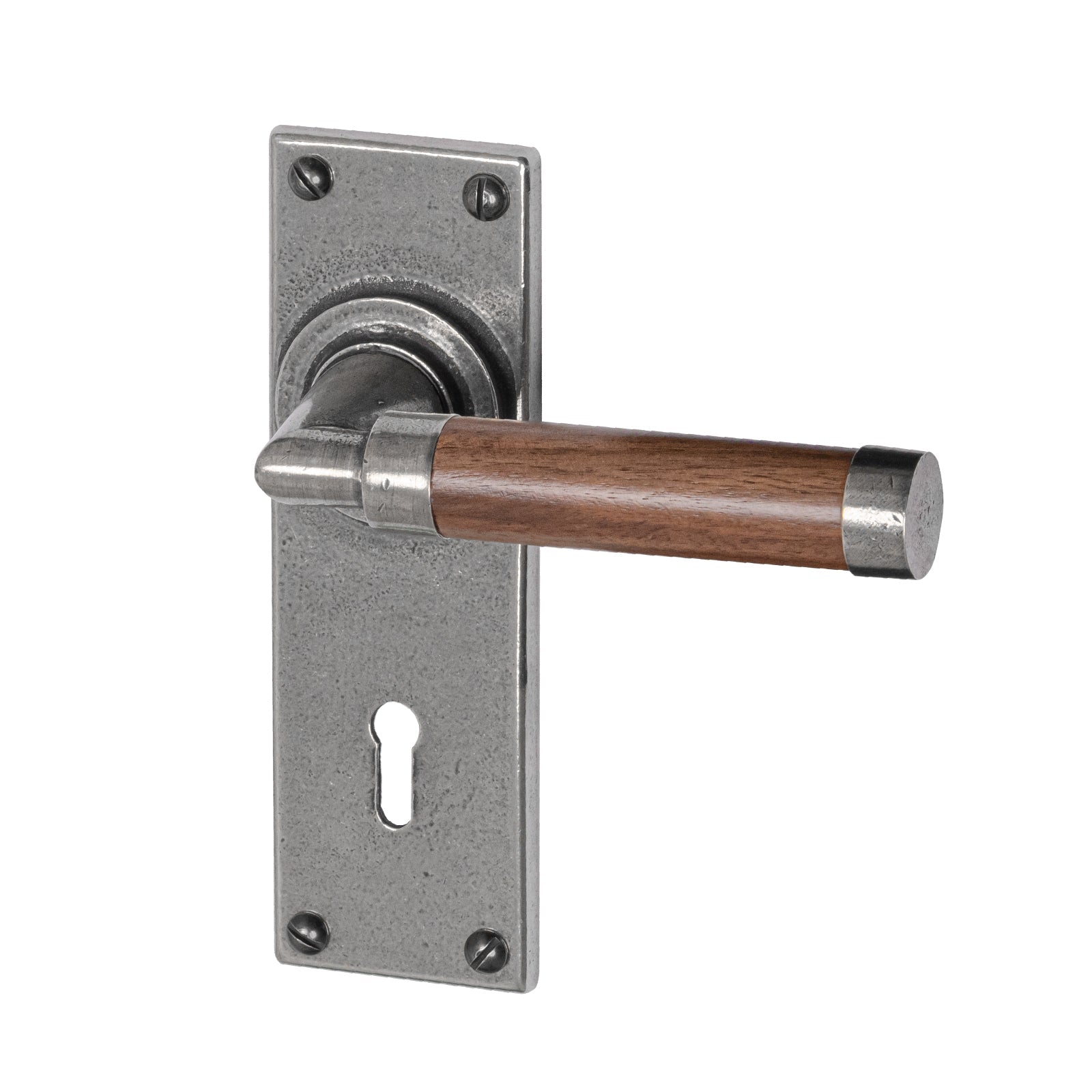 Milton Pewter Door Handles On Narrow Backplate Walnut lock