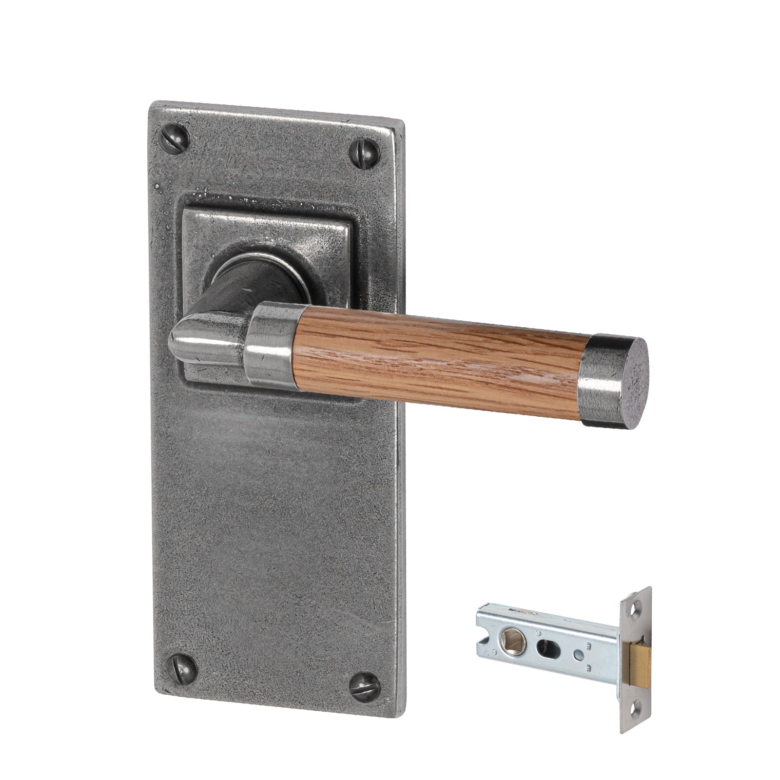 pewter door handles, latch handles, Finesse pewter, Jesmond backplate, pewter and oak handles, lever on backplate door handles