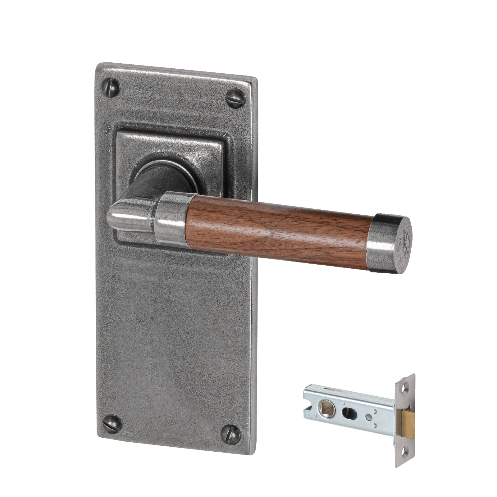 pewter door handles, latch handles, Finesse pewter, Jesmond backplate, pewter and walnut handles, lever on backplate door handles