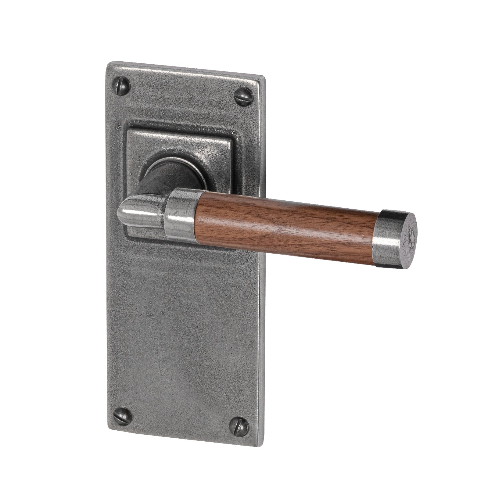 pewter door handles, latch handles, Finesse pewter, Jesmond backplate, pewter and walnut handles, lever on backplate door handles