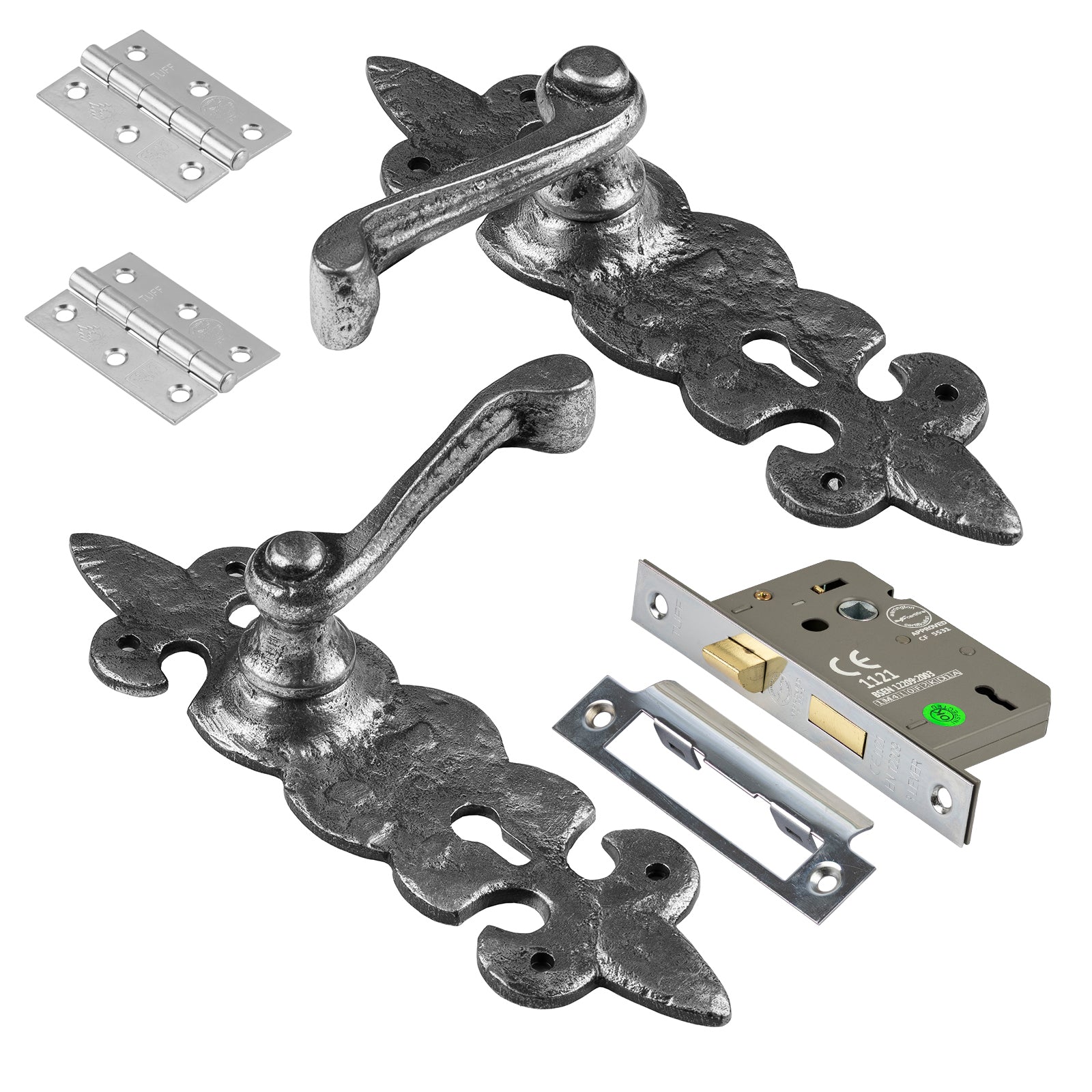Fleur De Lis pewter door handles with 3 lever lock set SHOW