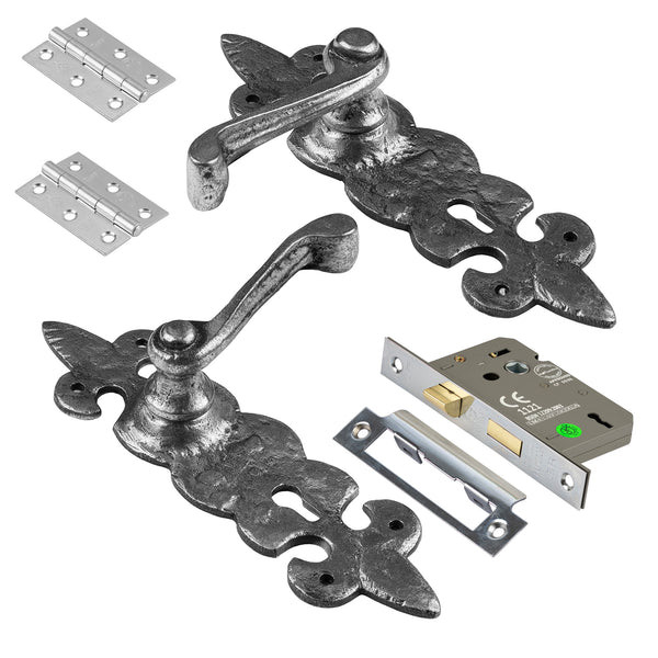 Fleur De Lis pewter door handles with 3 lever lock set SHOW