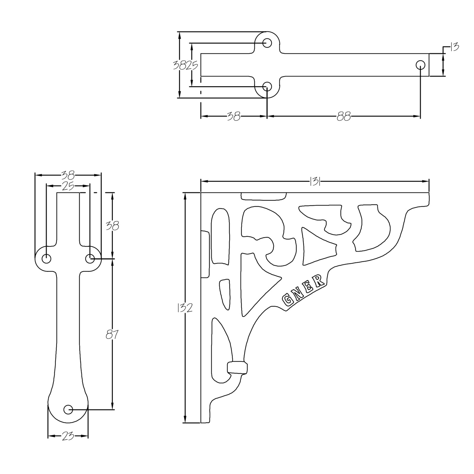 Dimension drawing for 5 inch GNER shelf bracket SHOW