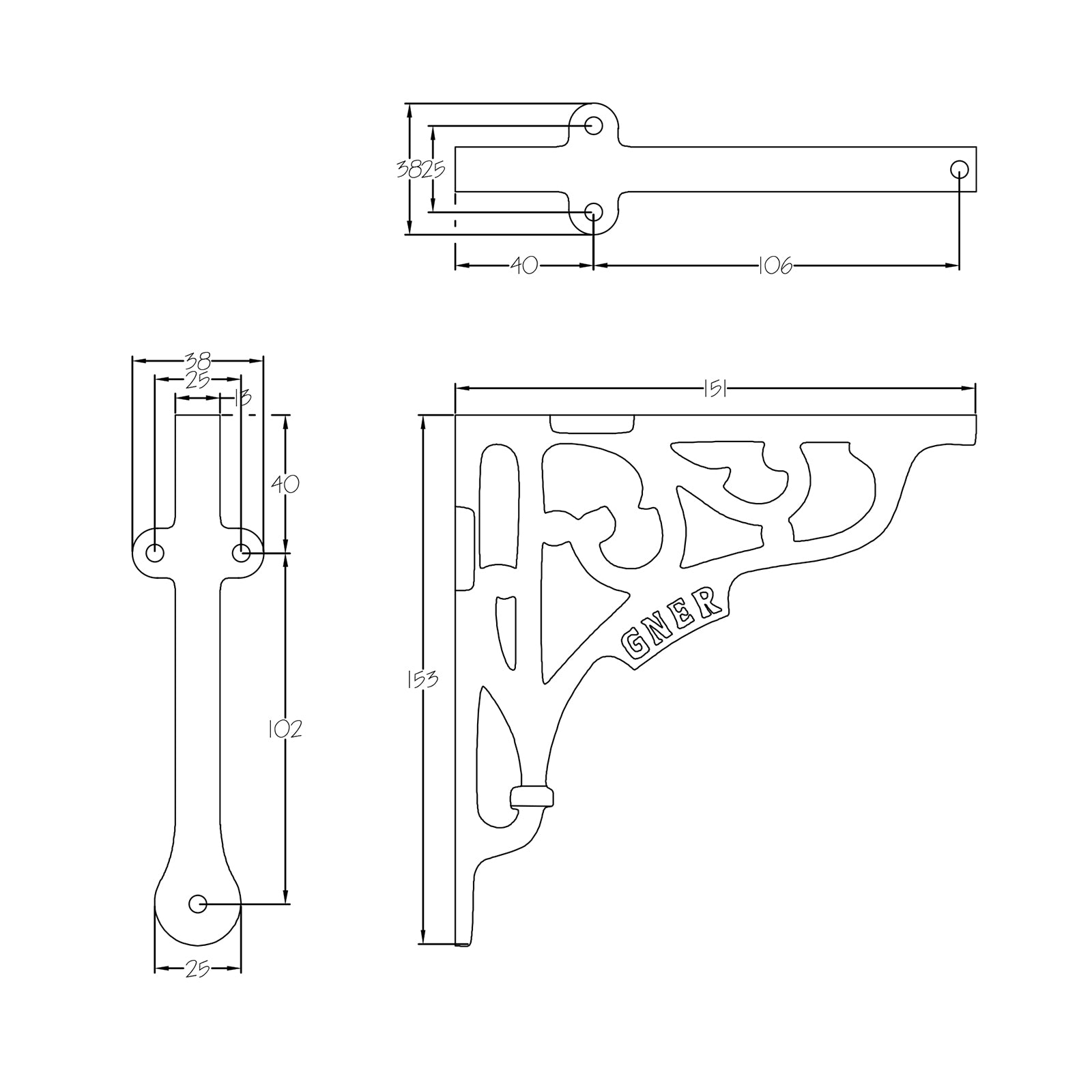 Dimension drawing for 6 inch GNER shelf bracket SHOW