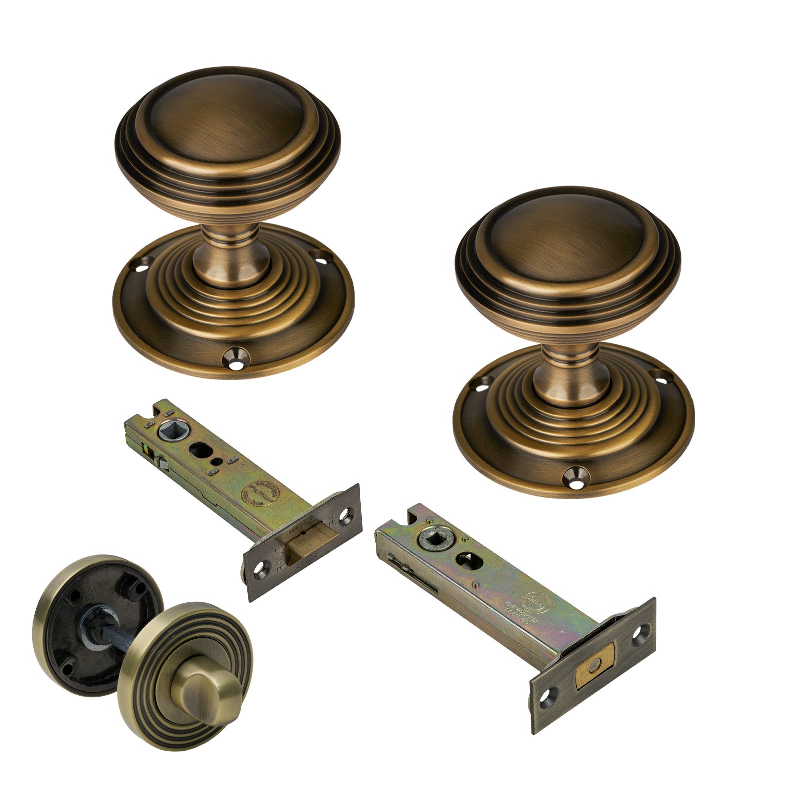 Goodrich Door Knob on Rose with Aged Brass 4 inch bathroom set