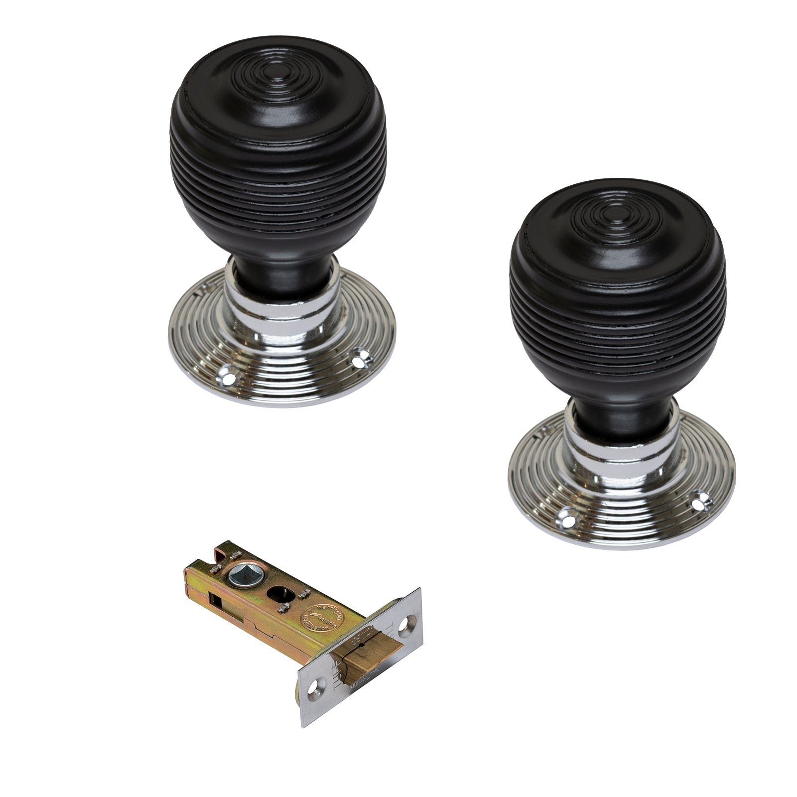 Georgian Ebonised Wooden Door Knobs Chrome latch Set SHOW