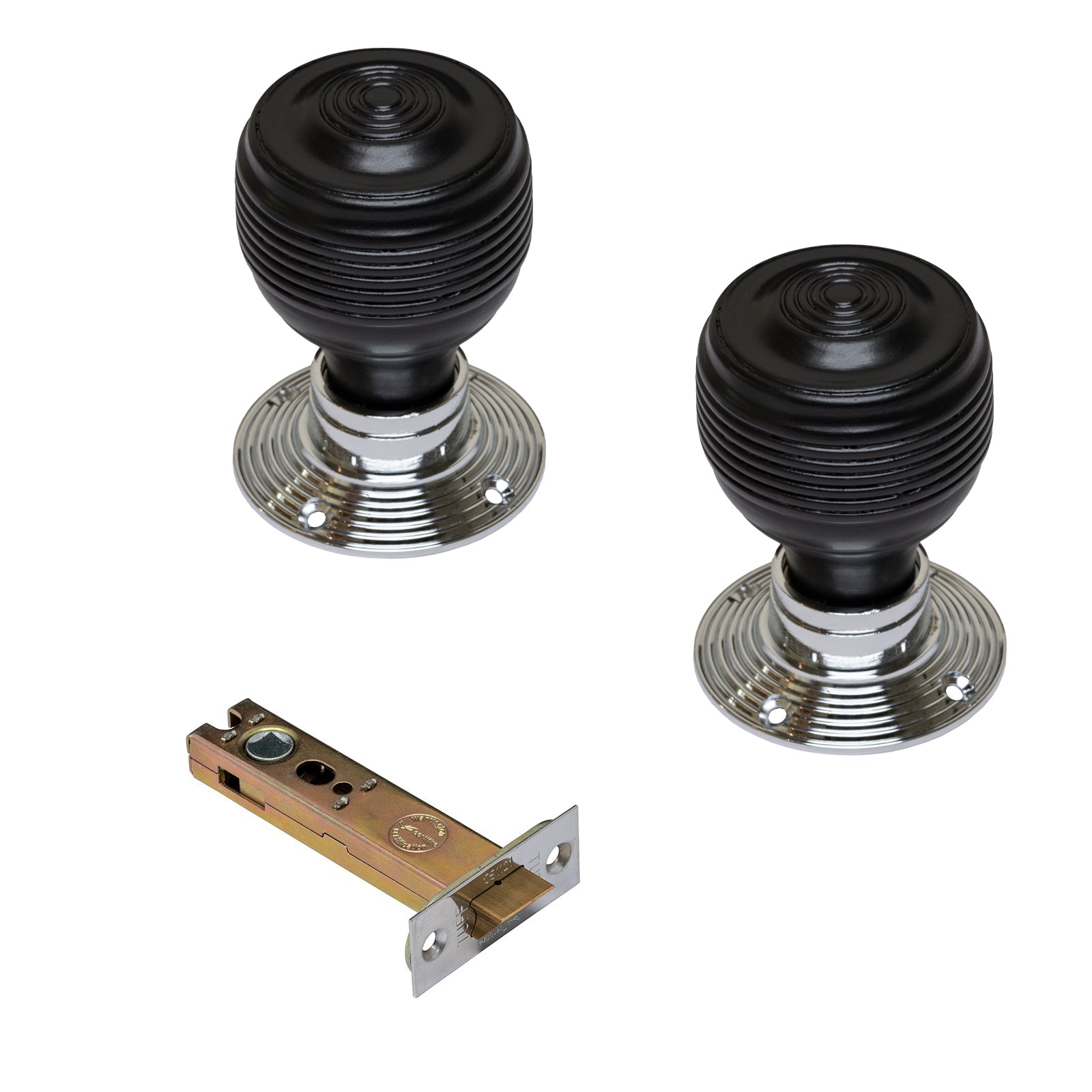 Georgian Ebonised Wooden Door Knobs Chrome latch Set SHOW