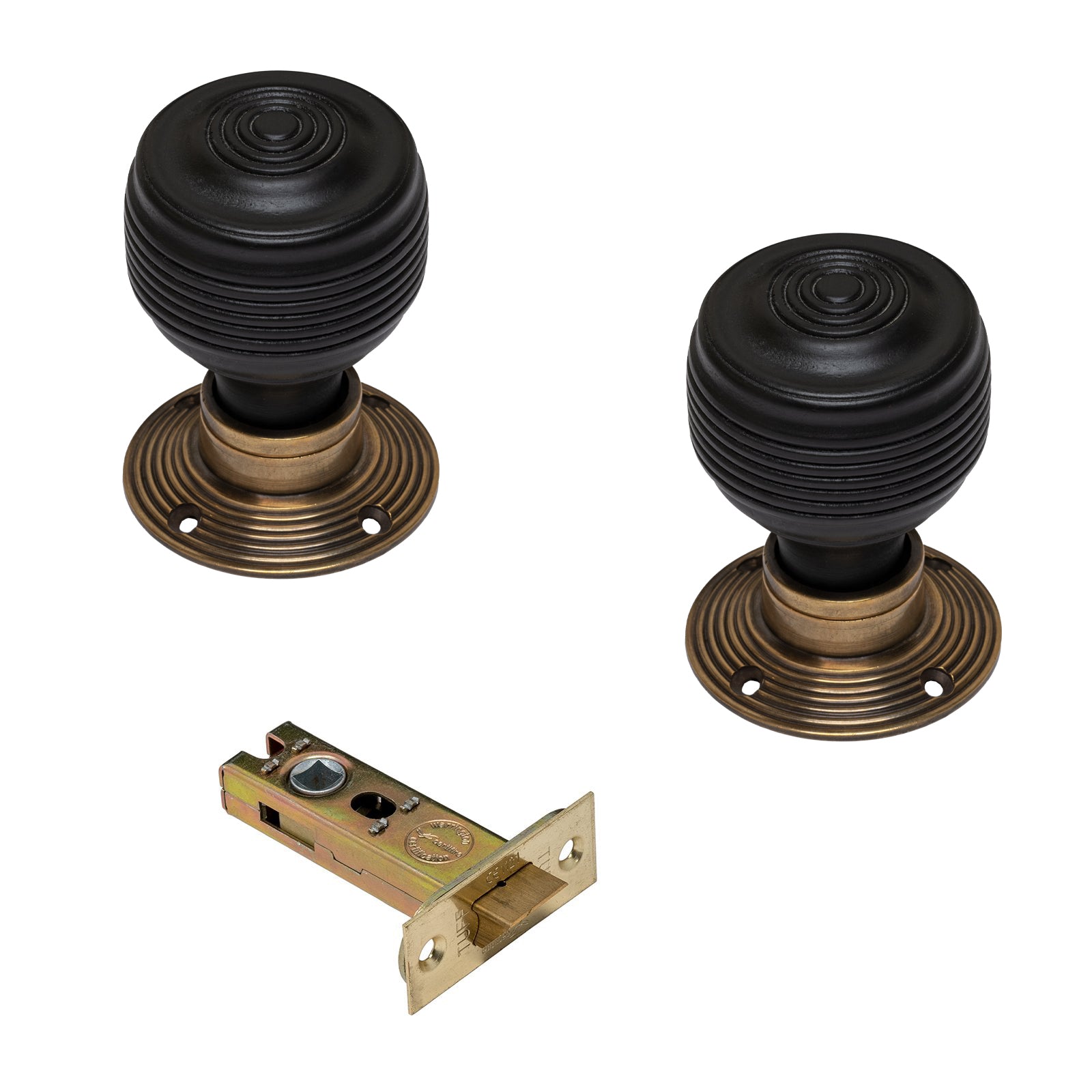 Georgian Ebonised Wooden Door Knobs Chrome latch Set SHOW