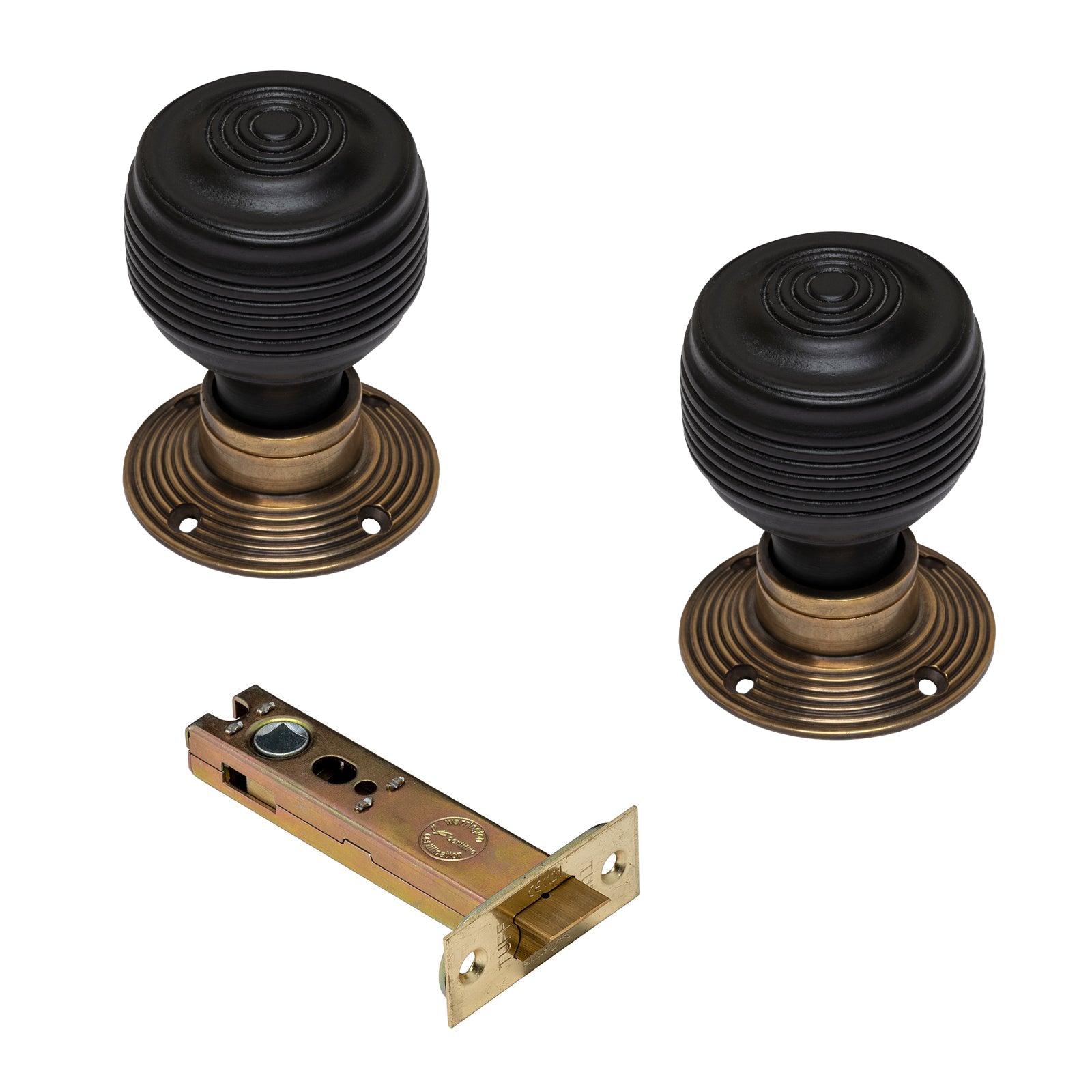 Georgian Ebonised Wooden Door Knobs Chrome latch Set SHOW