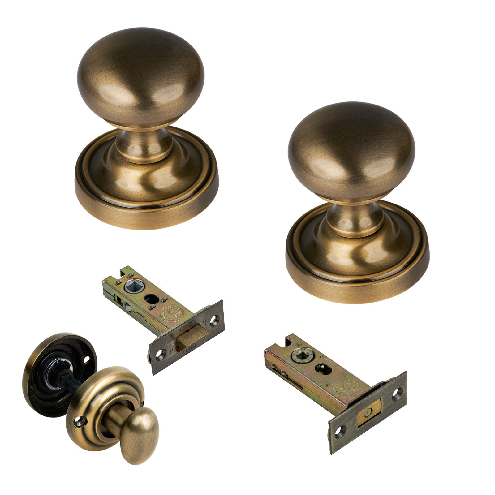 Hampstead Door Knob on Rose with Aged Brass 3 inch bathroom set