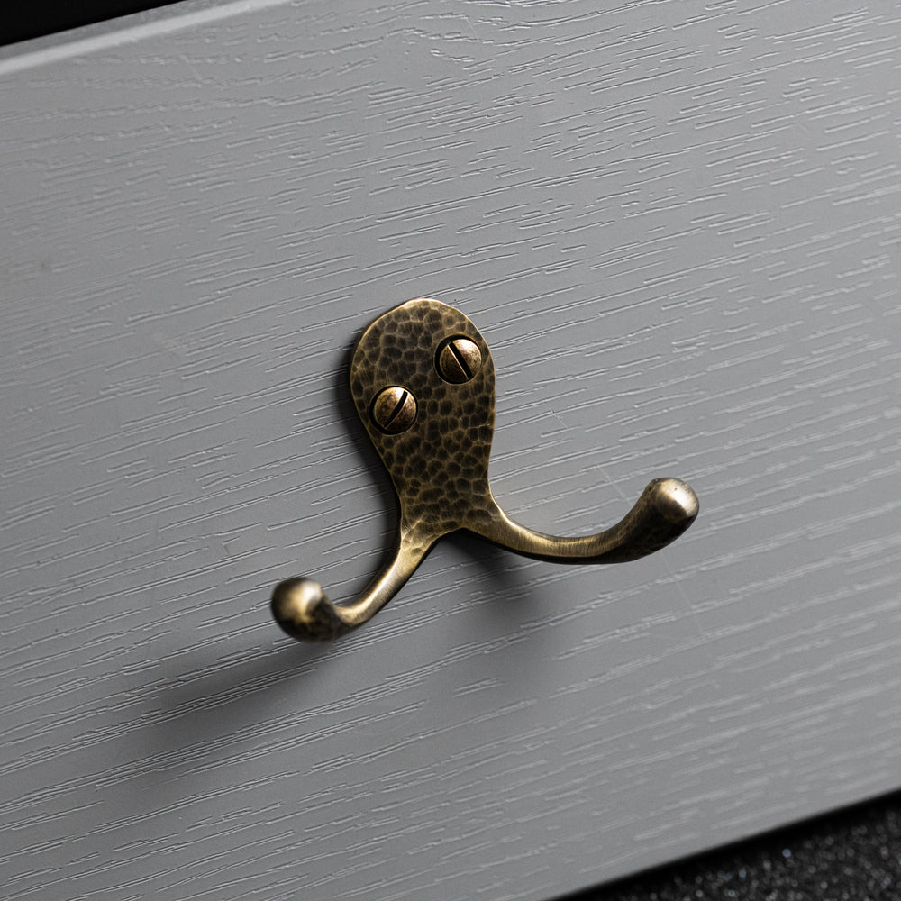 Hammered Double Robe Hook - Antique Brass