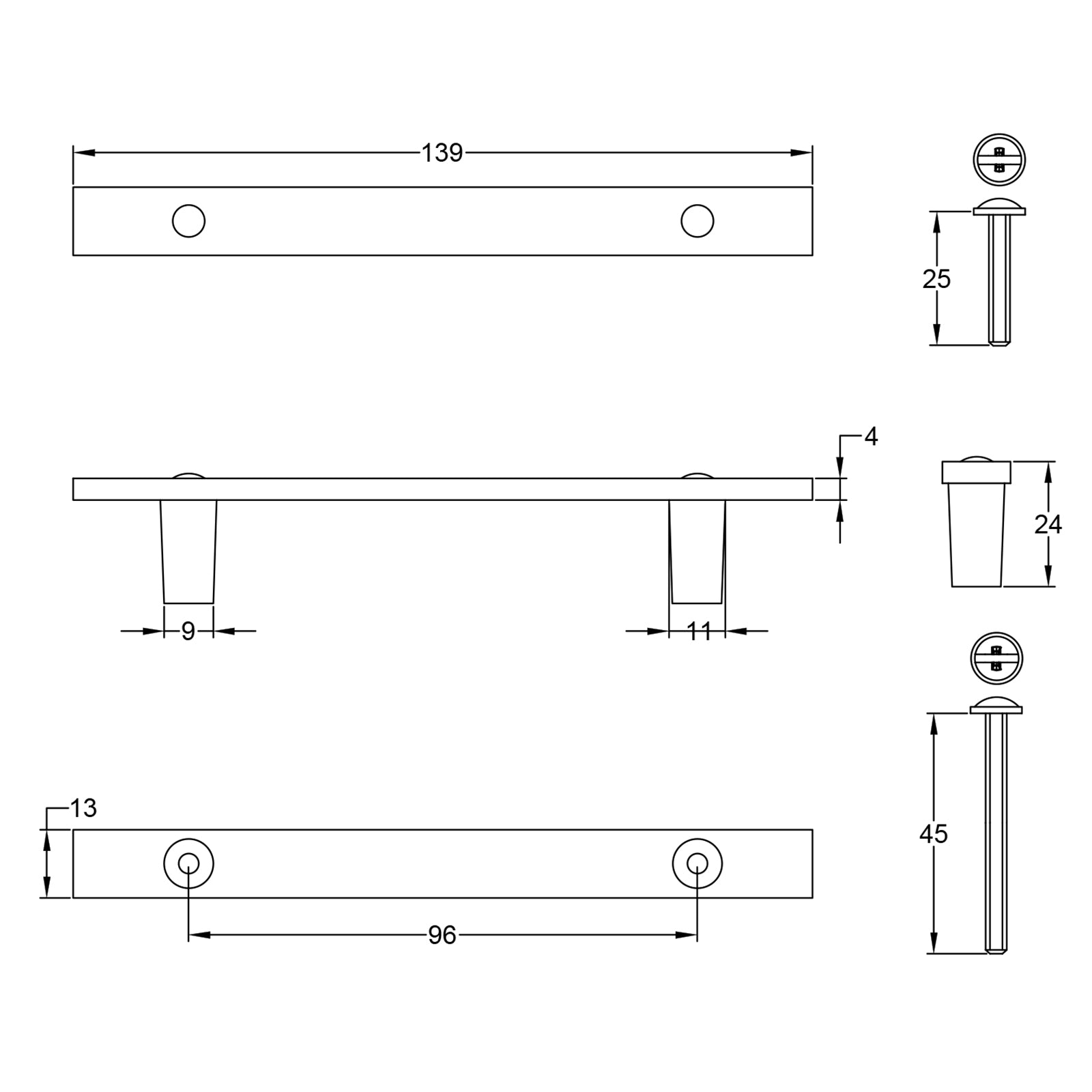 Dimension drawing for T bar Handles SHOW