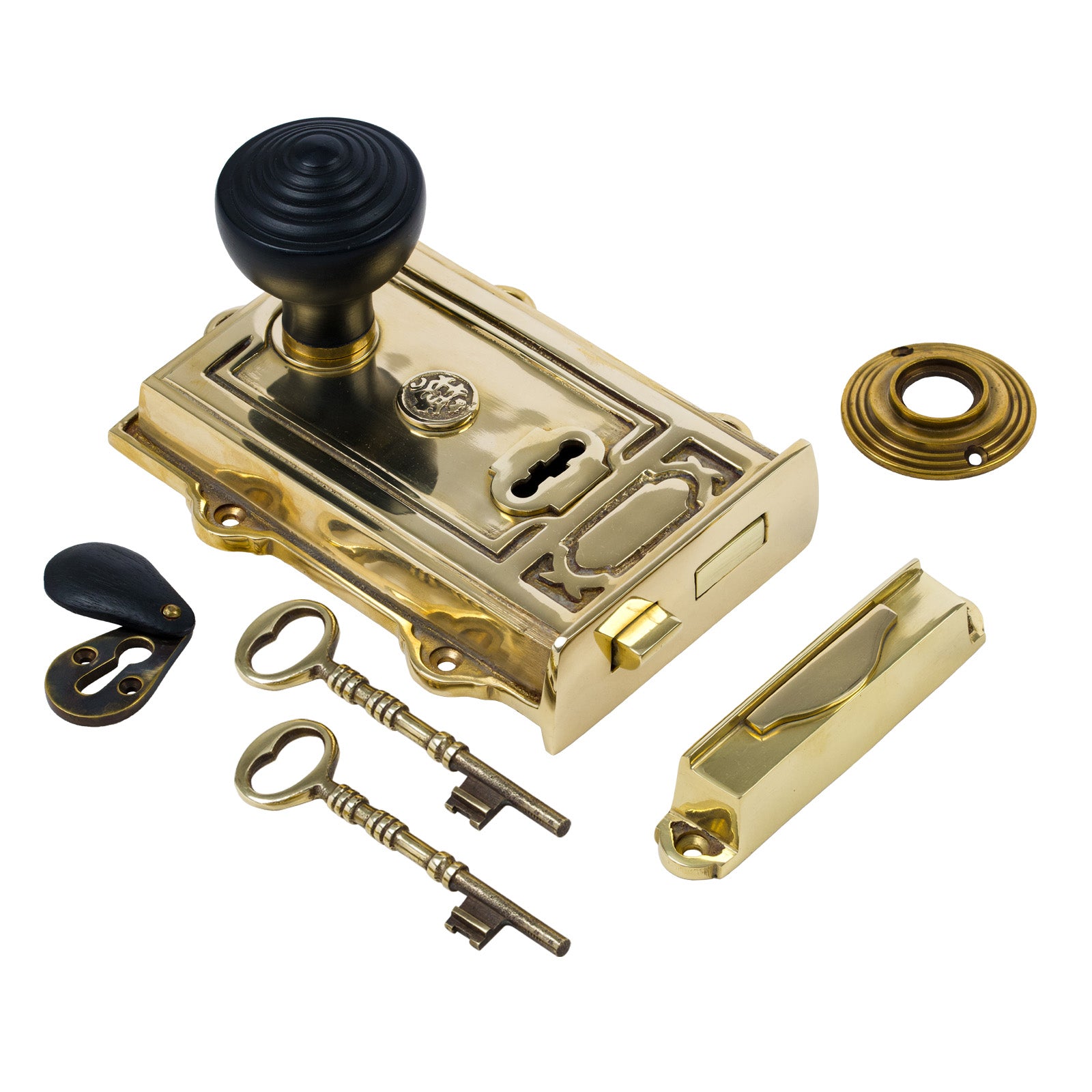 SHOW Image of Ornate Brass Rim Lock with Ringed Door Knob Set - Ebonised