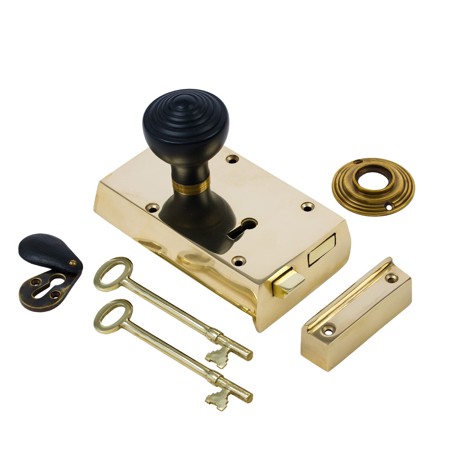 SHOW Left Handed Small Brass Rim Lock with Ebonised Ringed Door Knob Set - Ebonised
