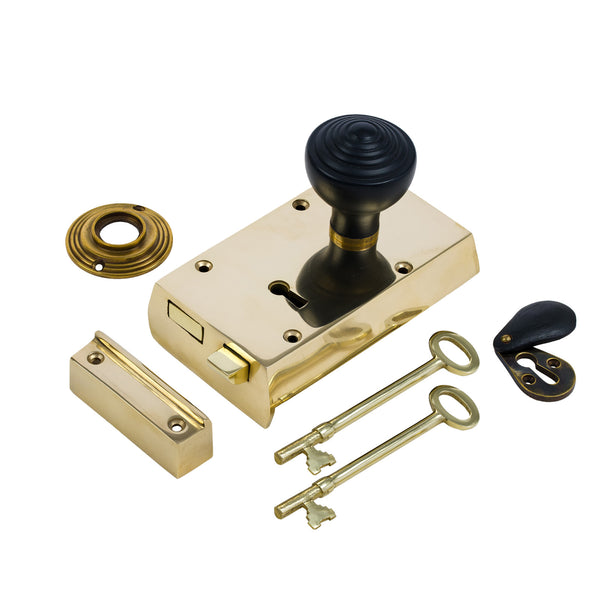 SHOW Right Handed Small Brass Rim Lock with Ebonised Ringed Door Knob Set - Ebonised