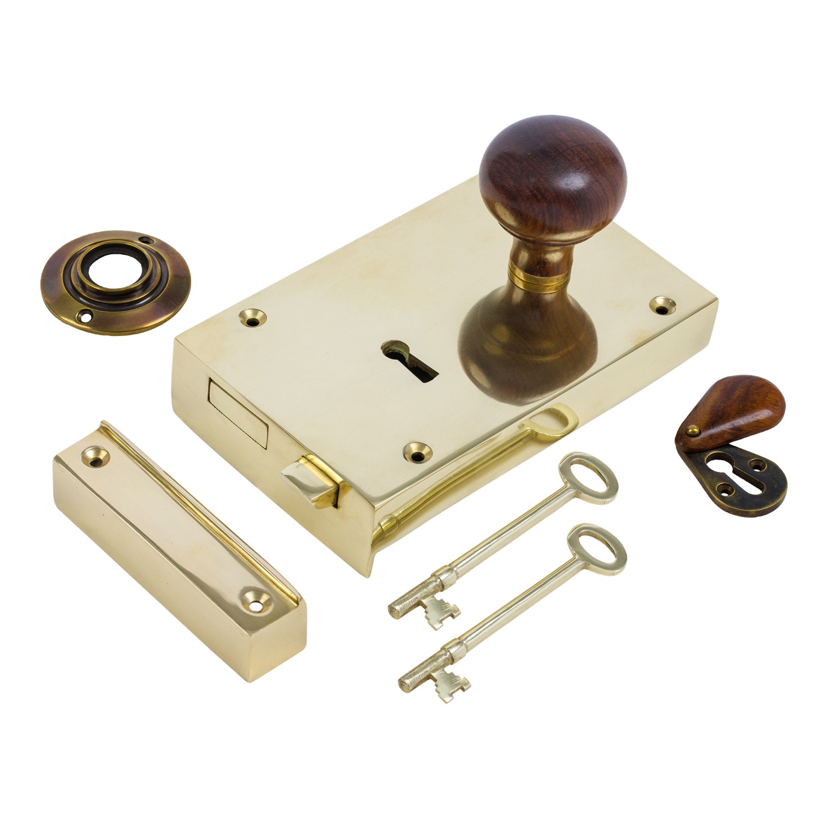 SHOW Right Handed Large Brass Rim Lock with Bun Door Knob Set - Rosewood