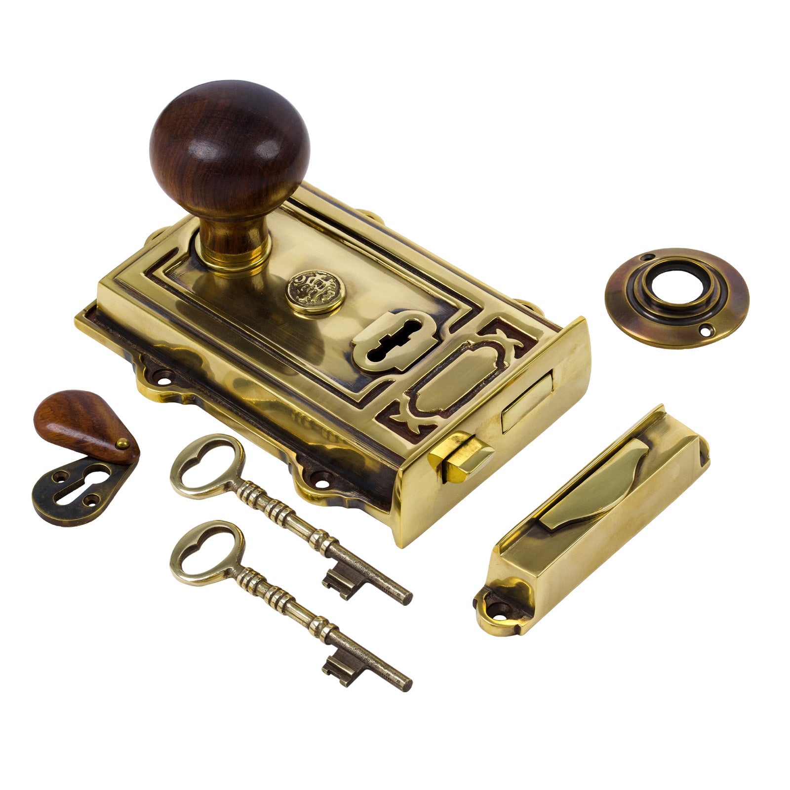 SHOW Image of Ornate Antique Brass Rim Lock with Bun Door Knob Set - Rosewood