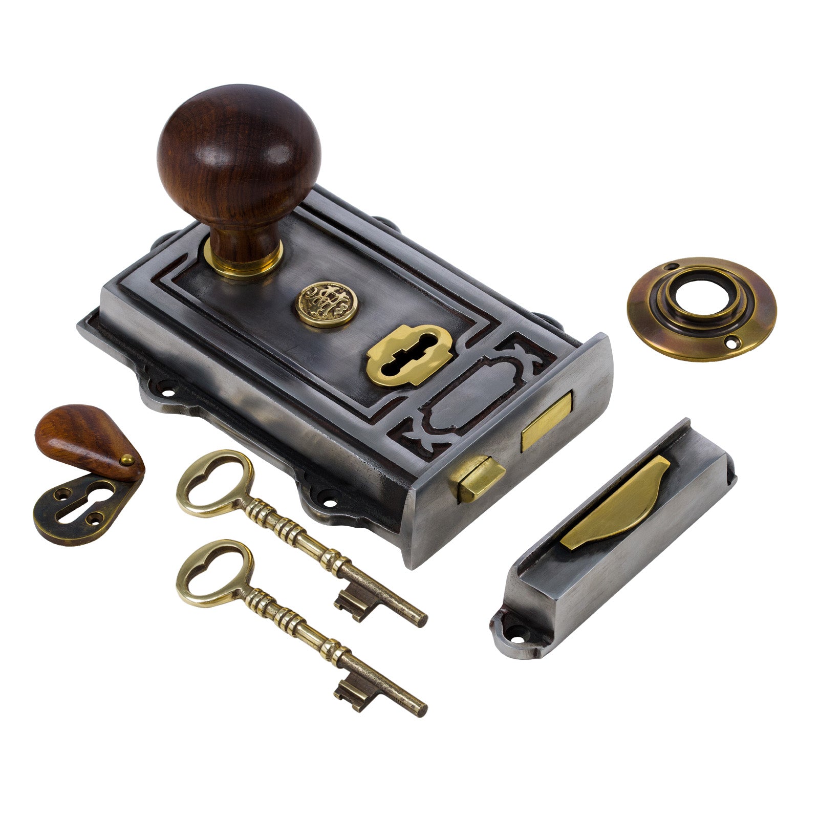 SHOW Image of Ornate Iron Rim Lock with Bun Door Knob Set - Rosewood