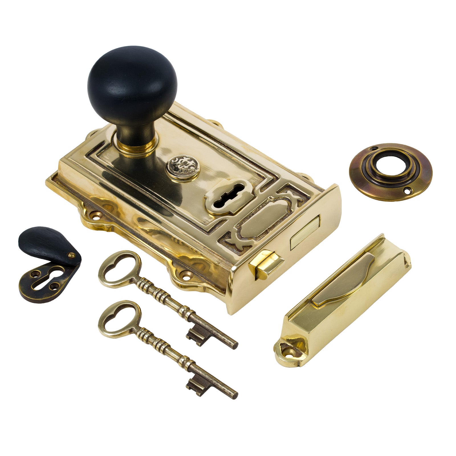 SHOW Image of Ornate Brass Rim Lock with Bun Door Knob Set - Ebonised