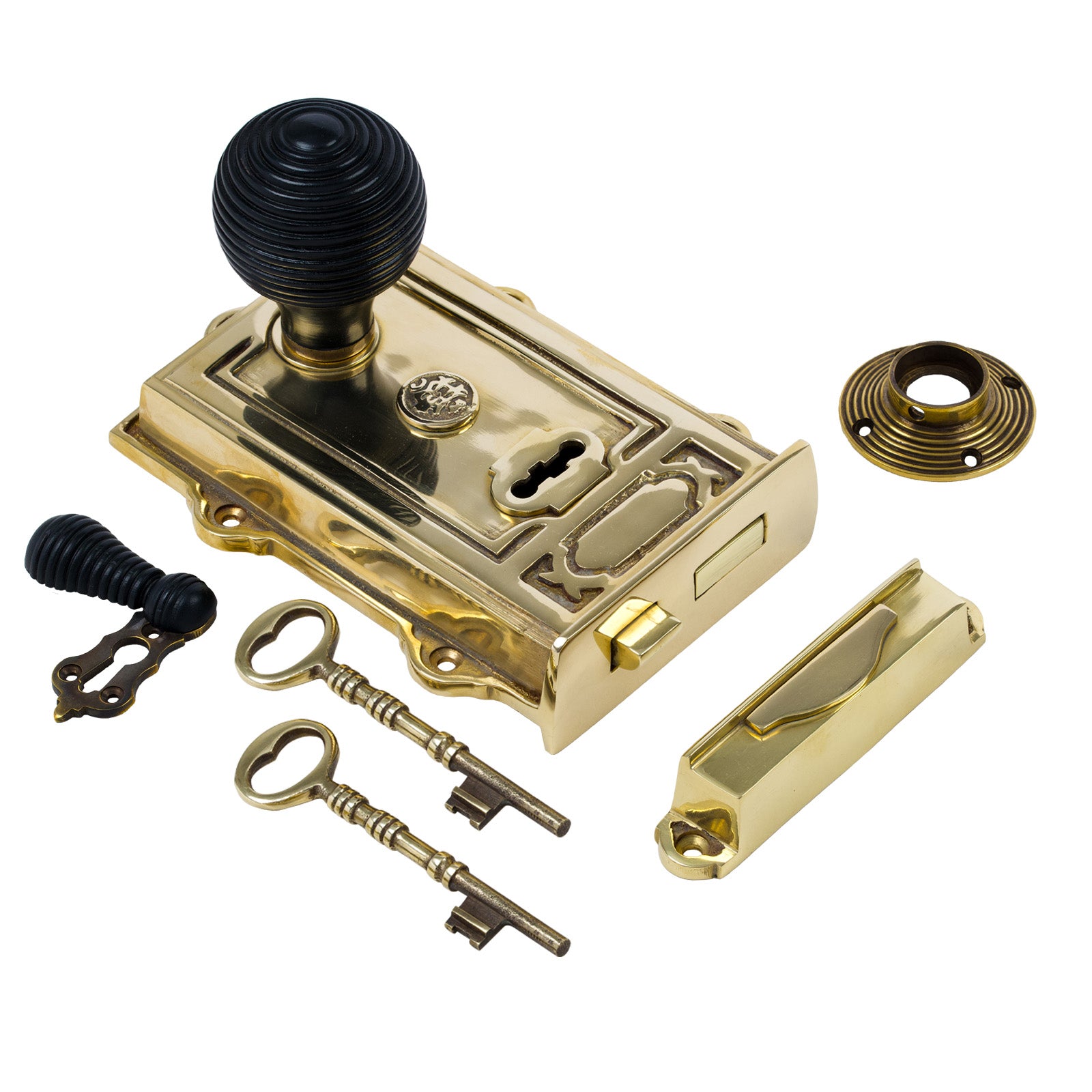 SHOW Image of Ornate Brass Rim Lock with Beehive Door Knob Set - Ebonised