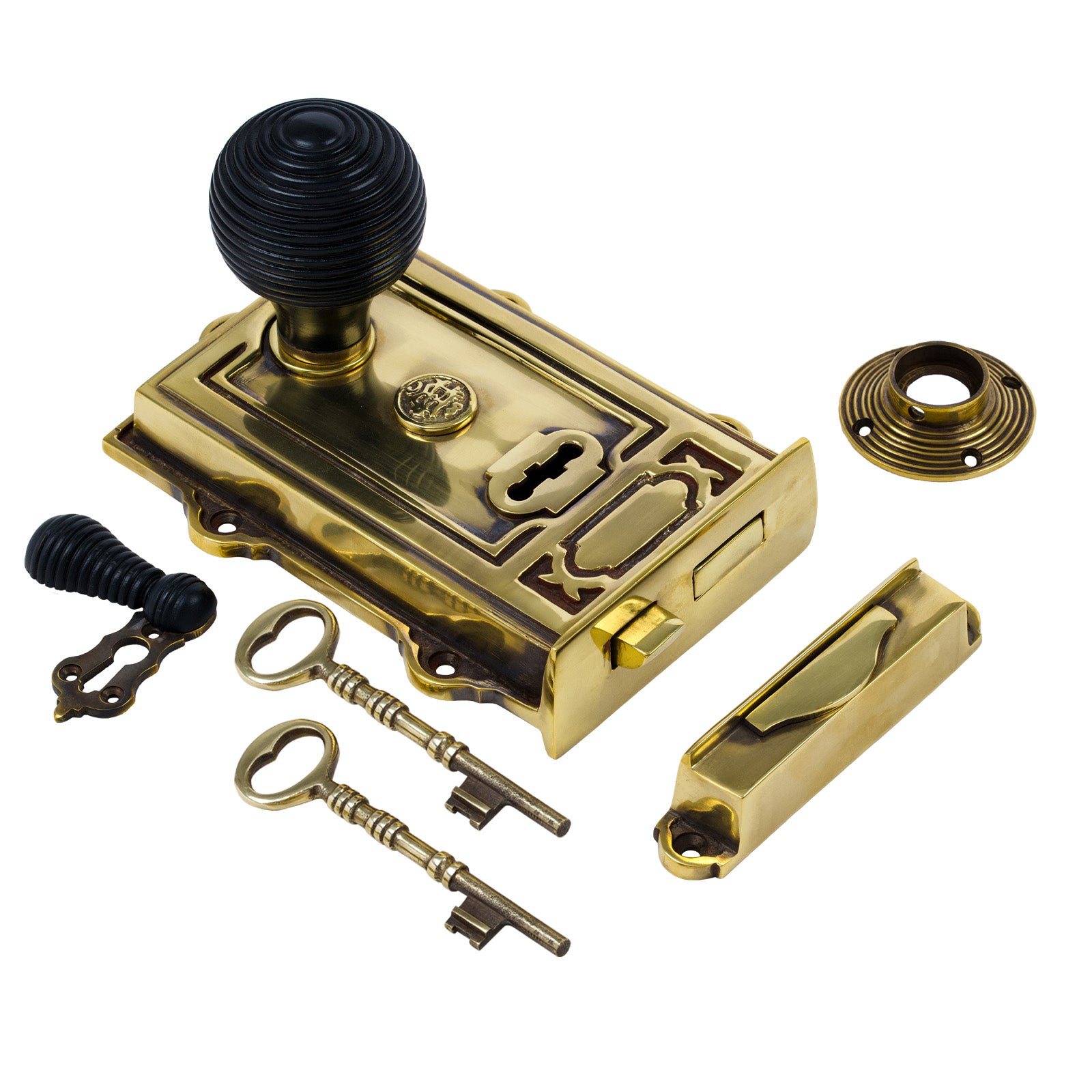SHOW Image of Ornate Antique Brass Rim Lock with Beehive Door Knob Set - Ebonised