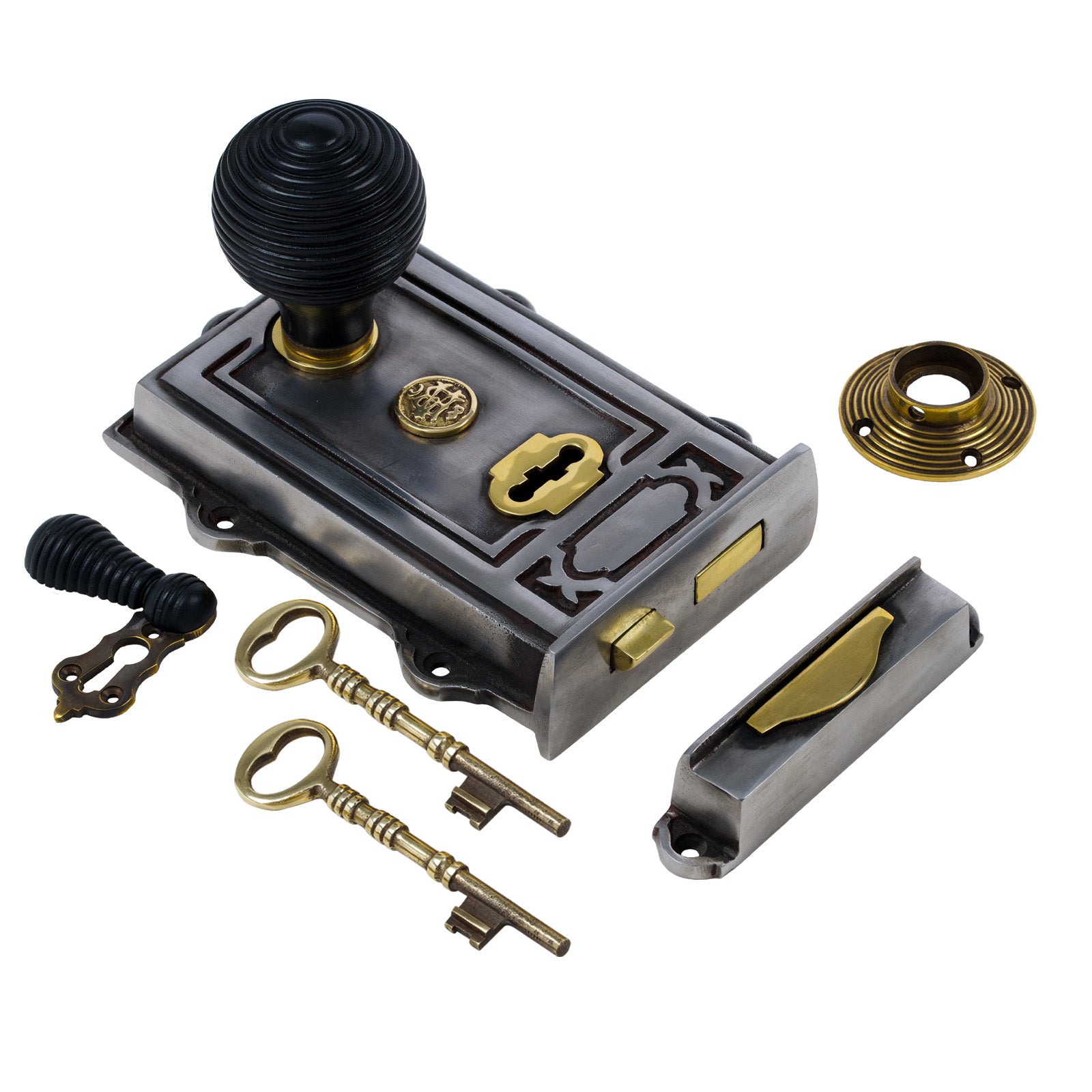 SHOW Image of Ornate Iron Rim Lock with Beehive Door Knob Set - Ebonised