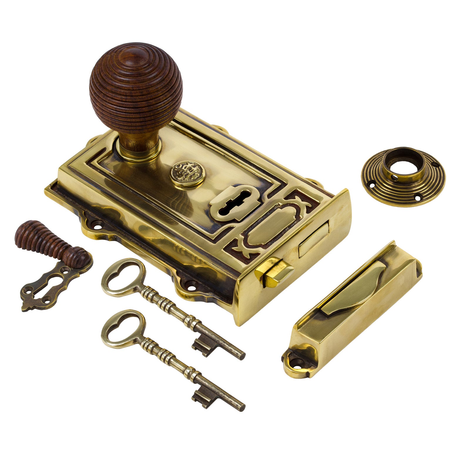 SHOW Image of Ornate Antique Brass Rim Lock with Beehive Door Knob Set - Rosewood