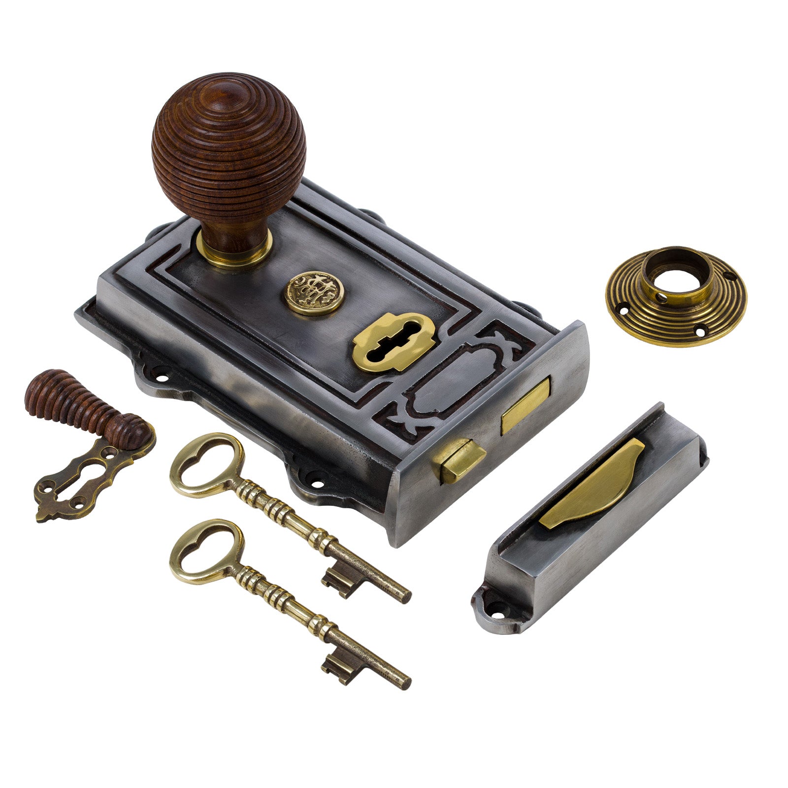 SHOW Image of Ornate Iron Rim Lock with Beehive Door Knob Set - Rosewood