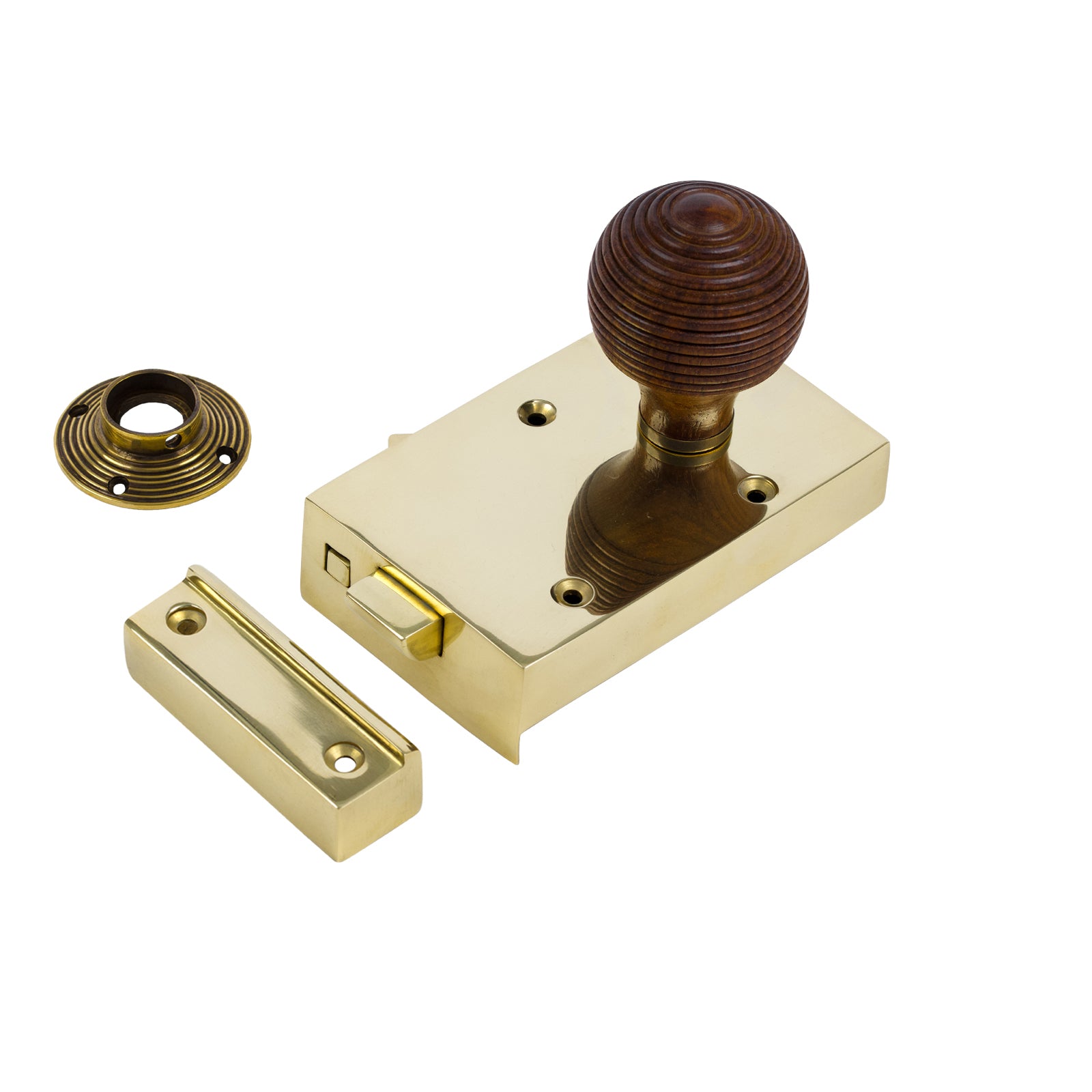 SHOW Right Handed Brass Bathroom Rim Lock with Beehive Door Knob Set - Rosewood