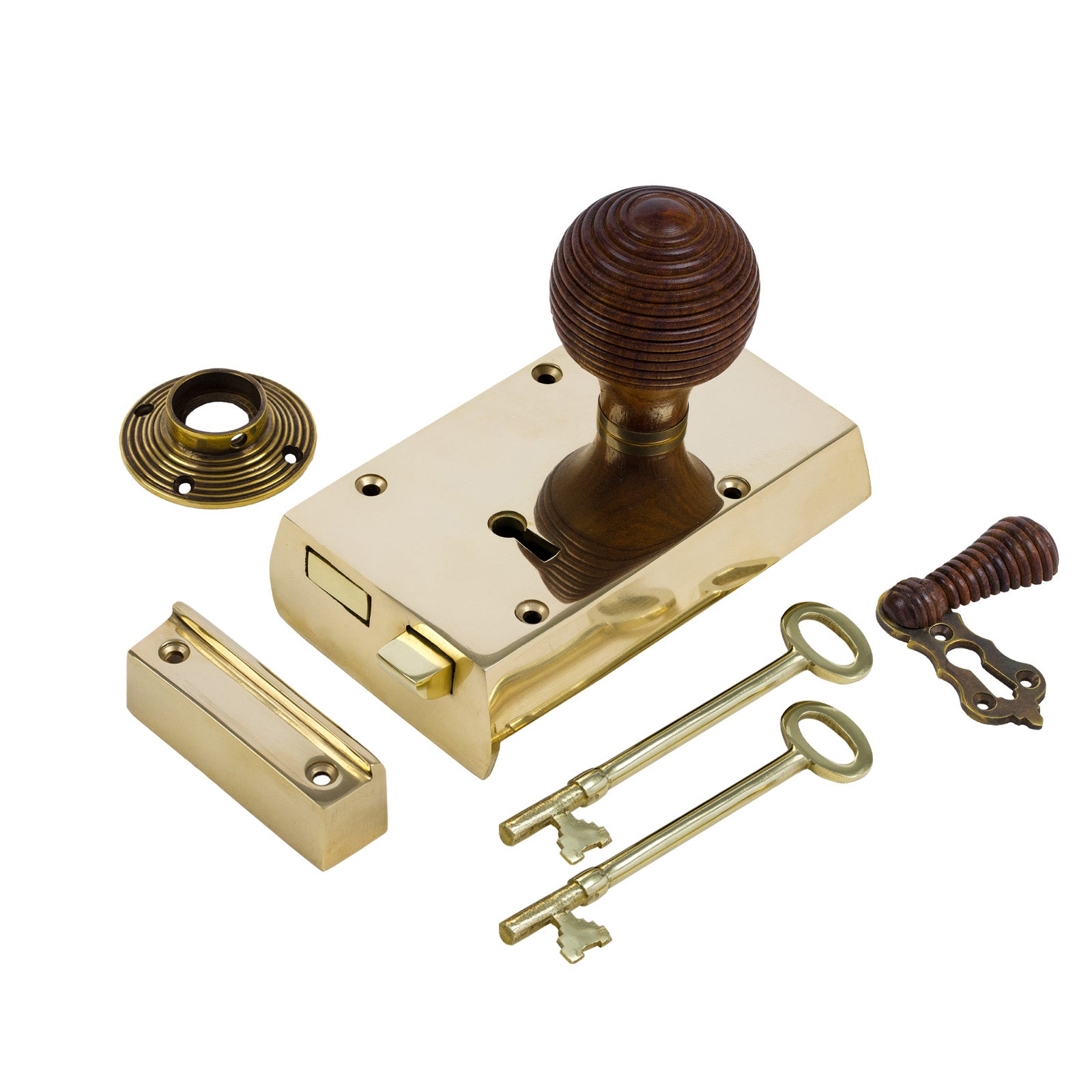 SHOW Right Handed Small Brass Rim Lock with Rosewood Beehive Door Knob Set - Rosewood
