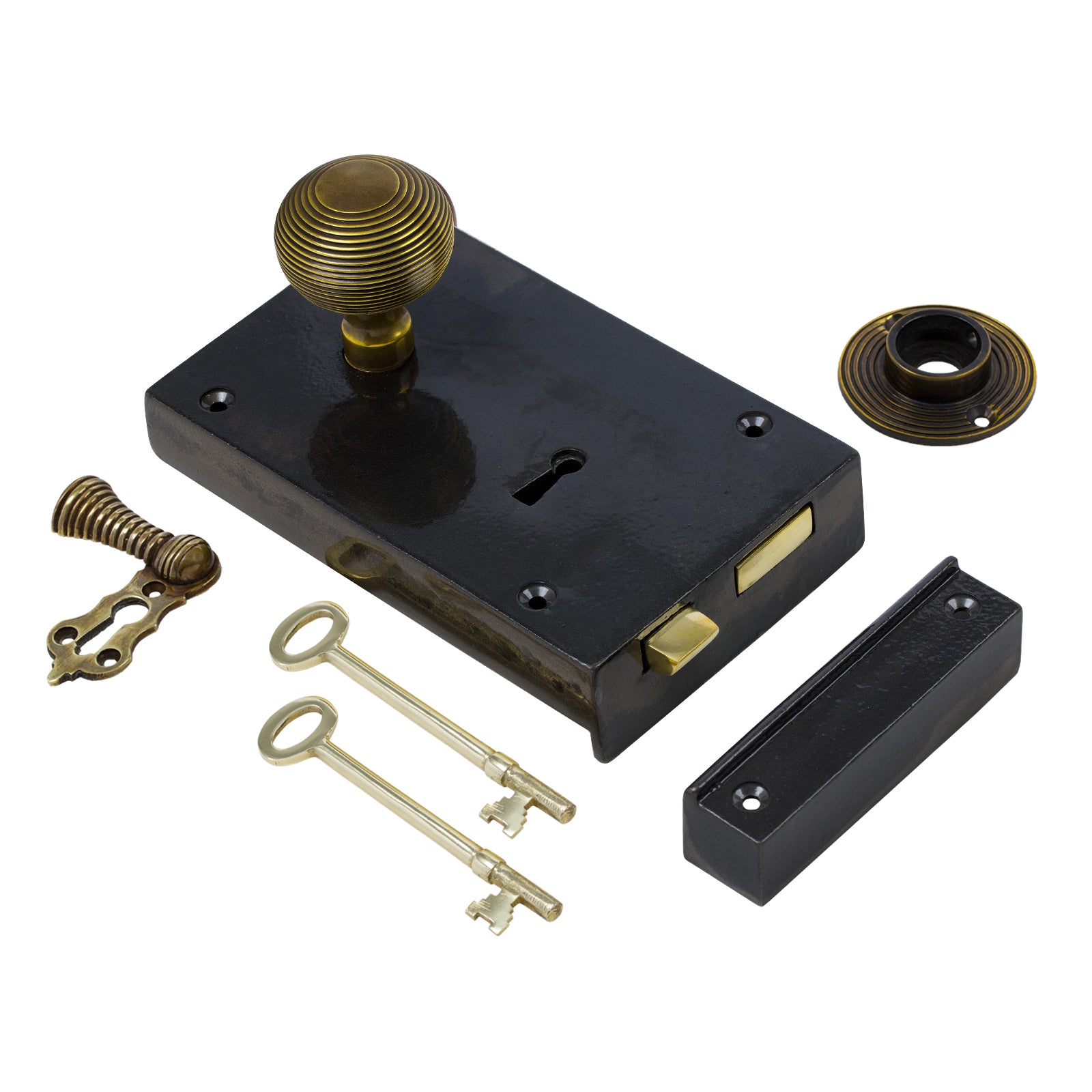 SHOW Left Handed Large Cast Iron Rim Lock With Antique Brass Beehive Door Knob Set