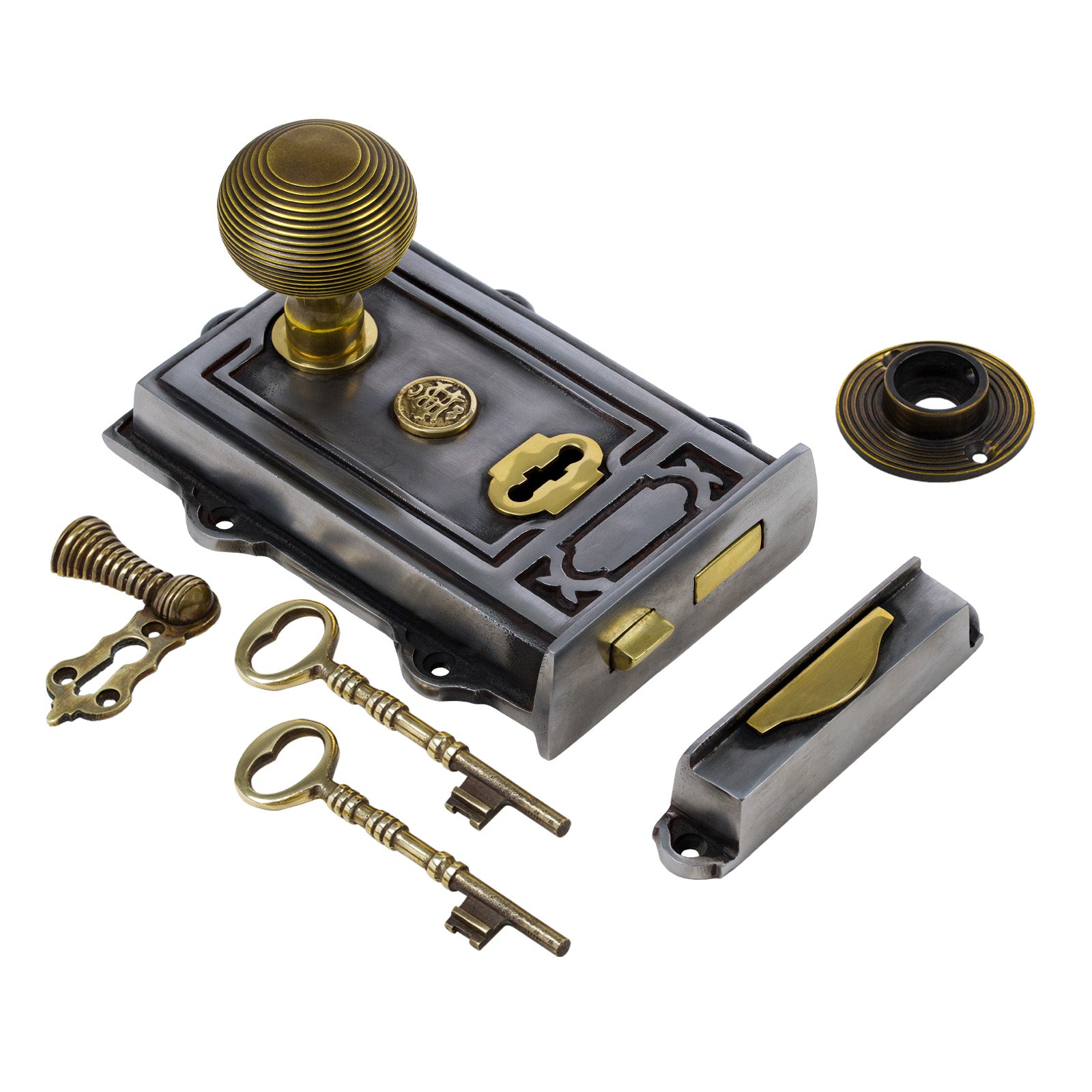 SHOW Image of Ornate Iron Rim Lock with Brass Beehive Door Knob Set - Antique Brass