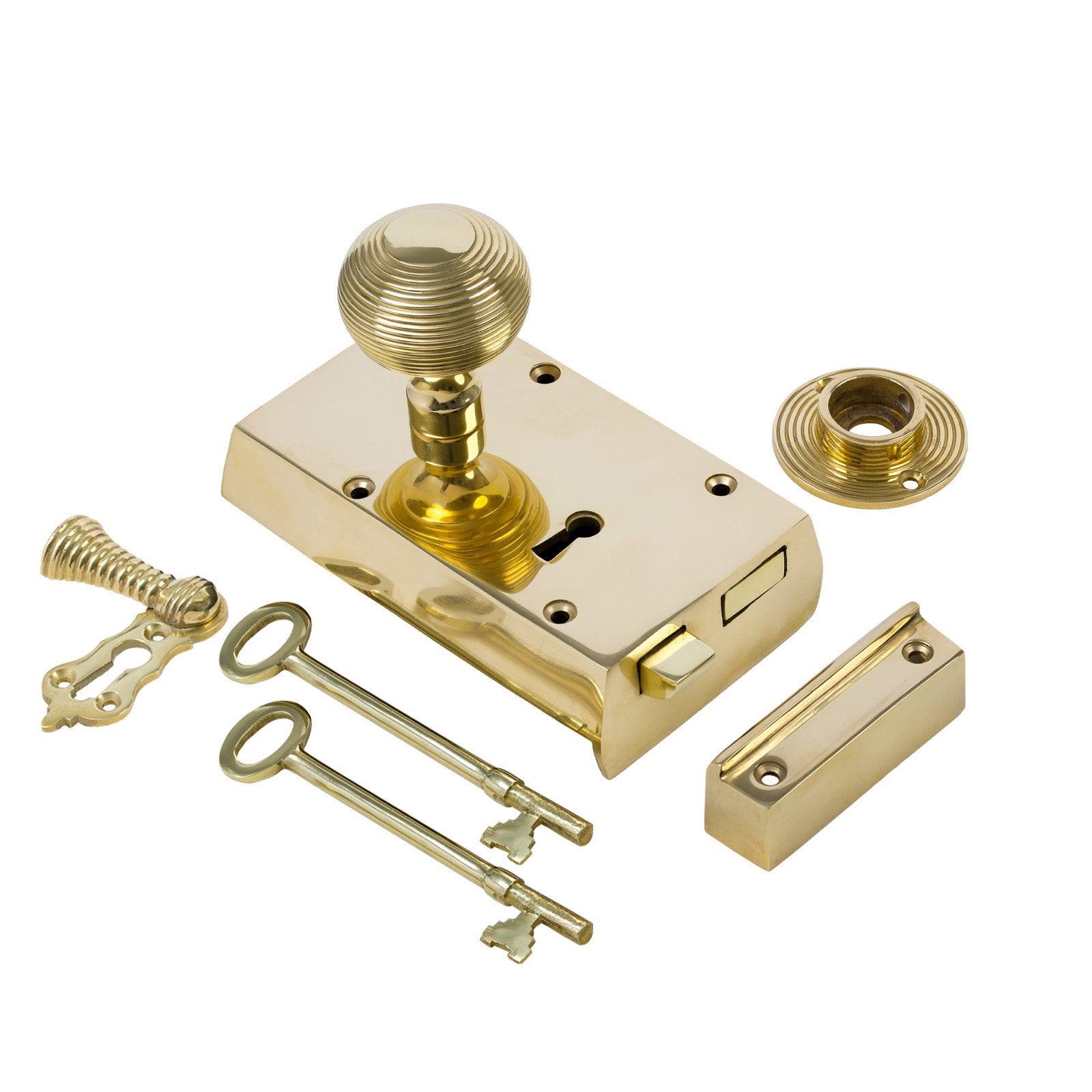 SHOW Left Handed Small Brass Rim Lock with Brass Beehive Door Knob Set
