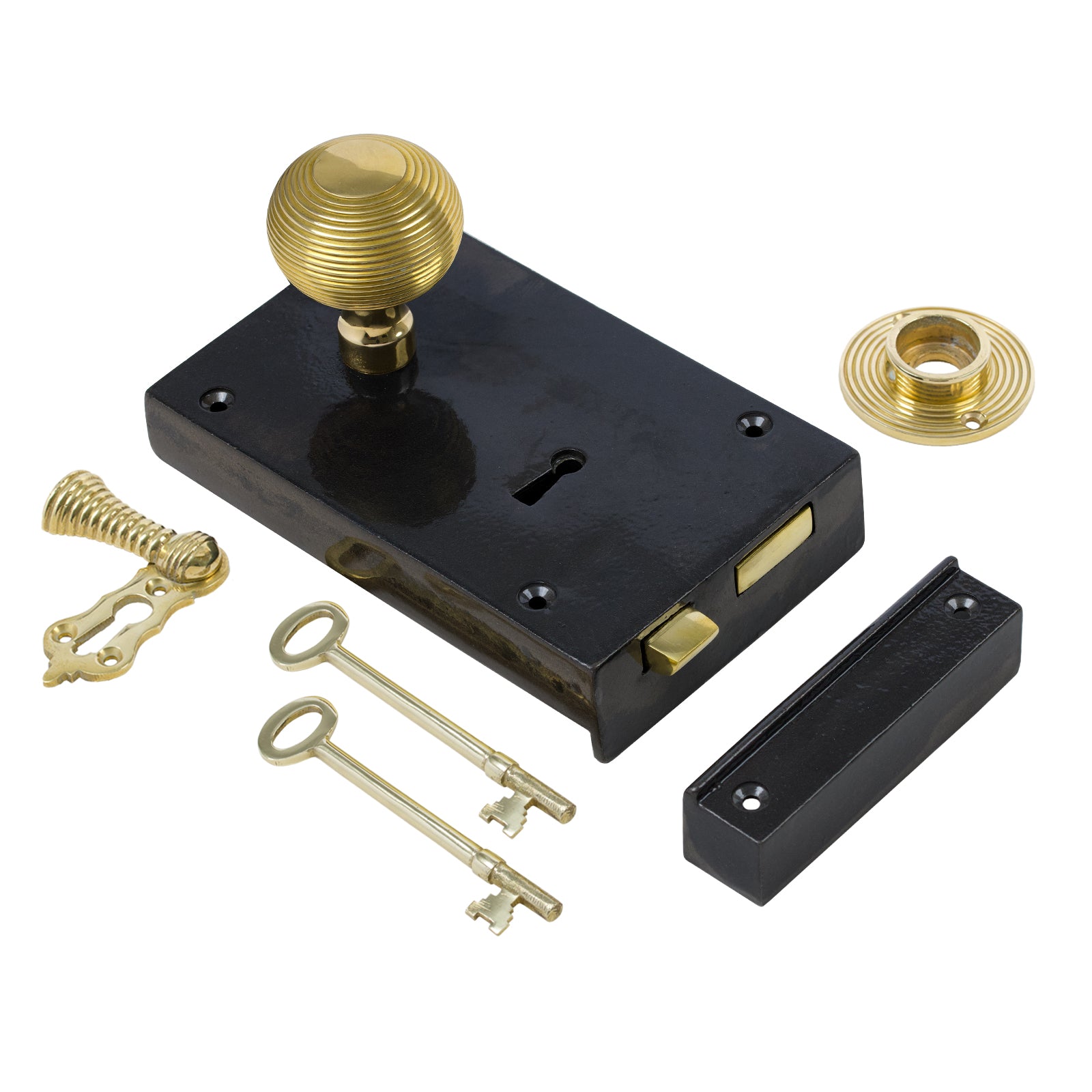 SHOW Left Handed Large Cast Iron Rim Lock With Brass Beehive Door Knob Set