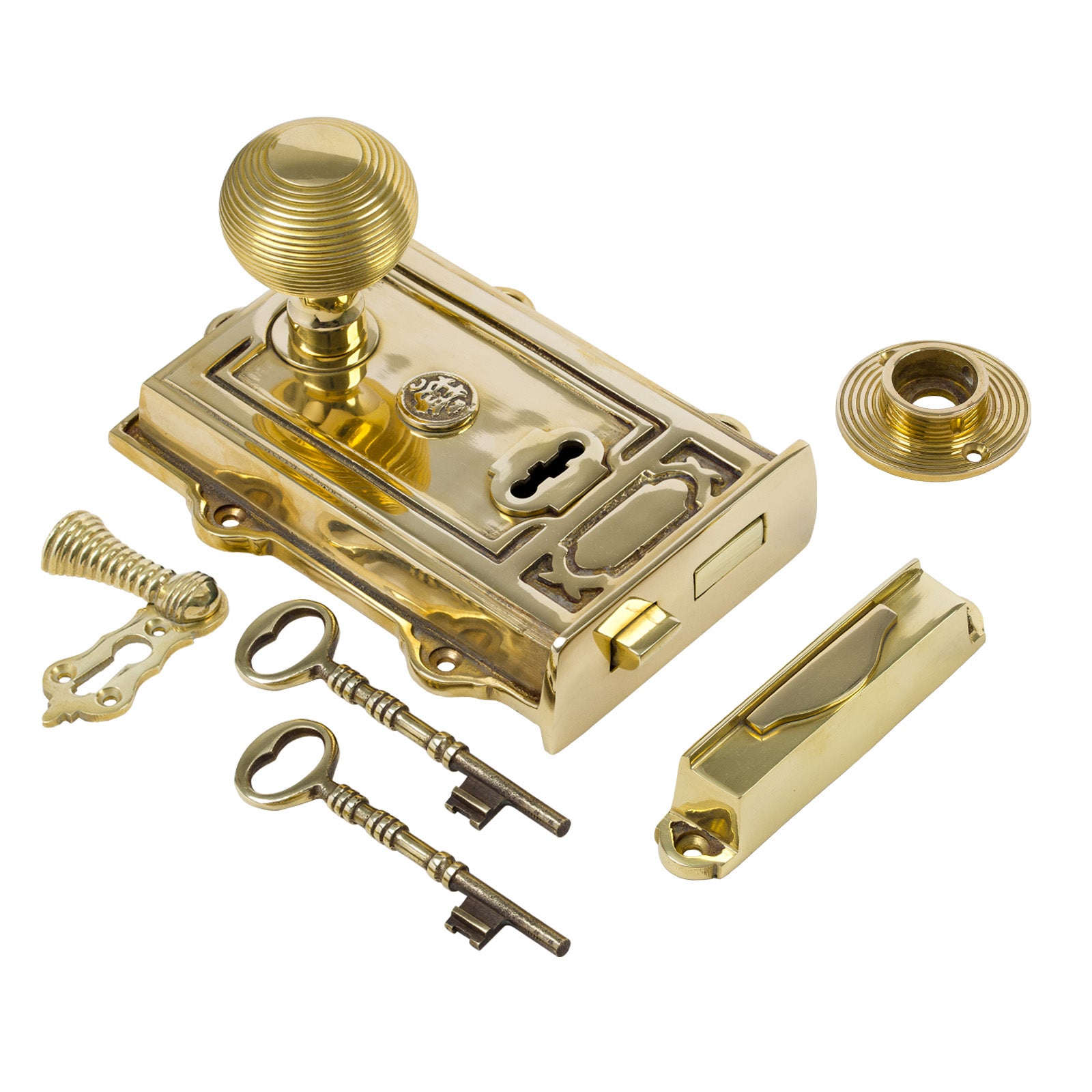SHOW Image of Ornate Brass Rim Lock with Brass Beehive Door Knob Set - Polished Brass