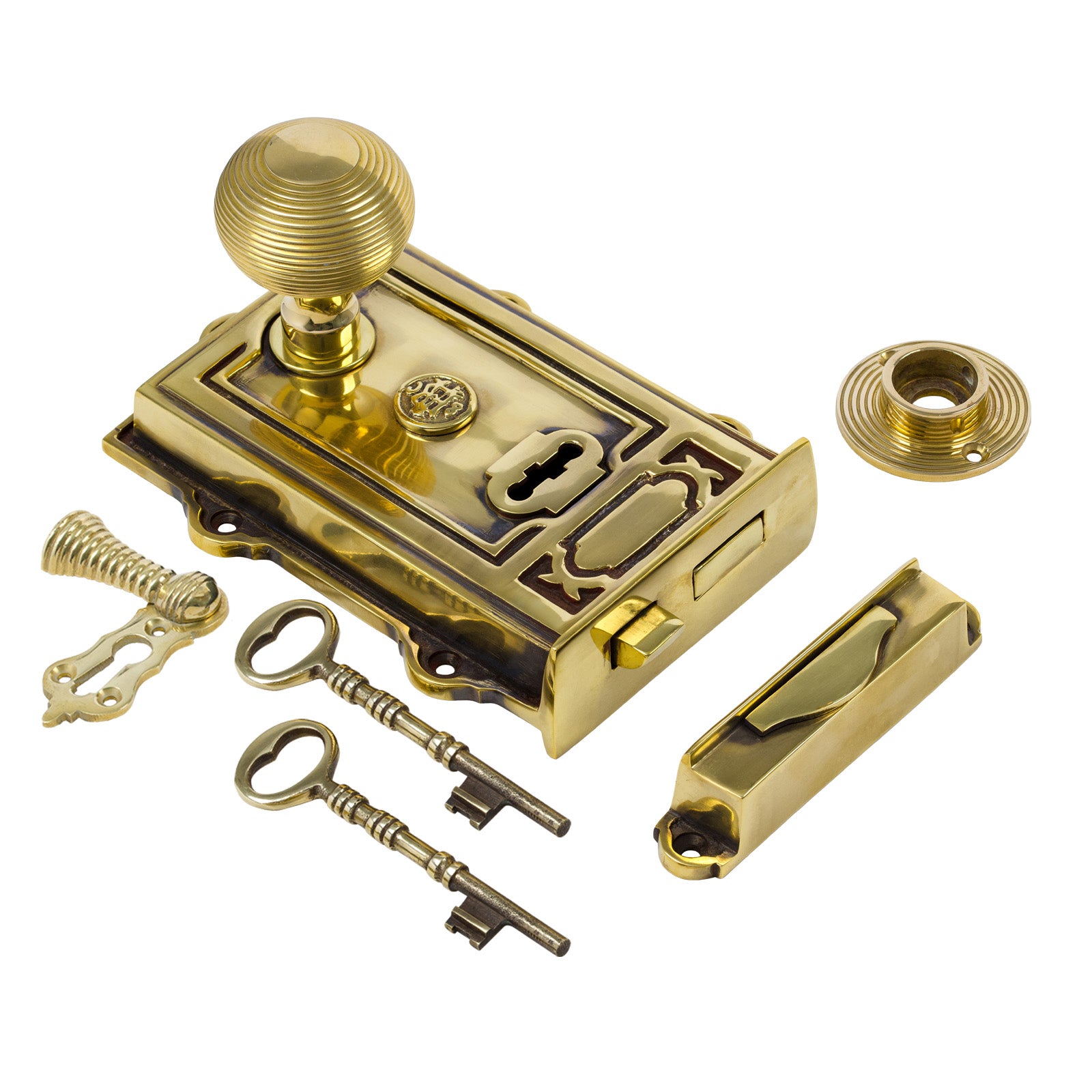 SHOW Image of Ornate Antique Brass Rim Lock with Brass Beehive Door Knob Set - Polished Brass