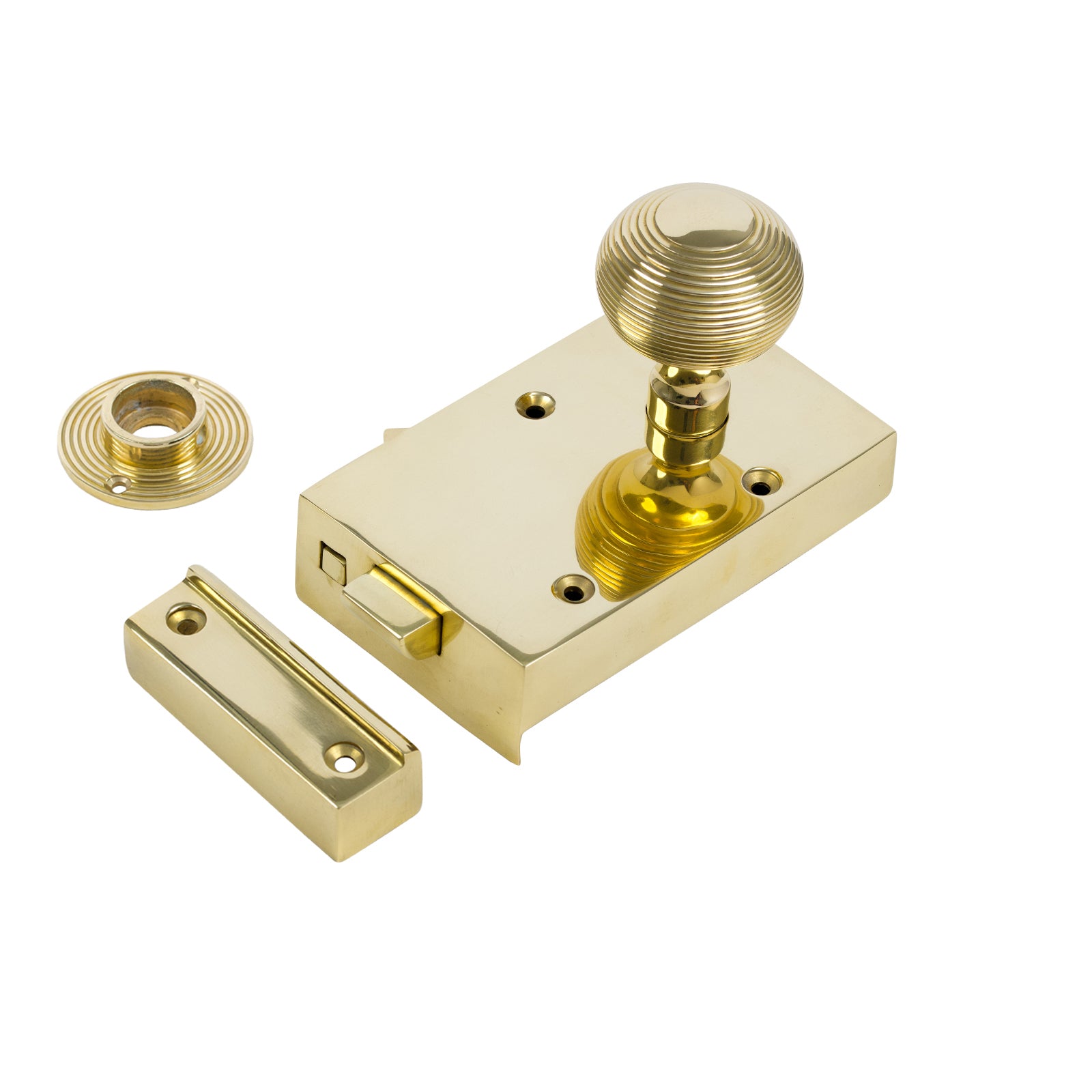 SHOW Right Handed Brass Bathroom Rim Lock with Brass Beehive Door Knob Set