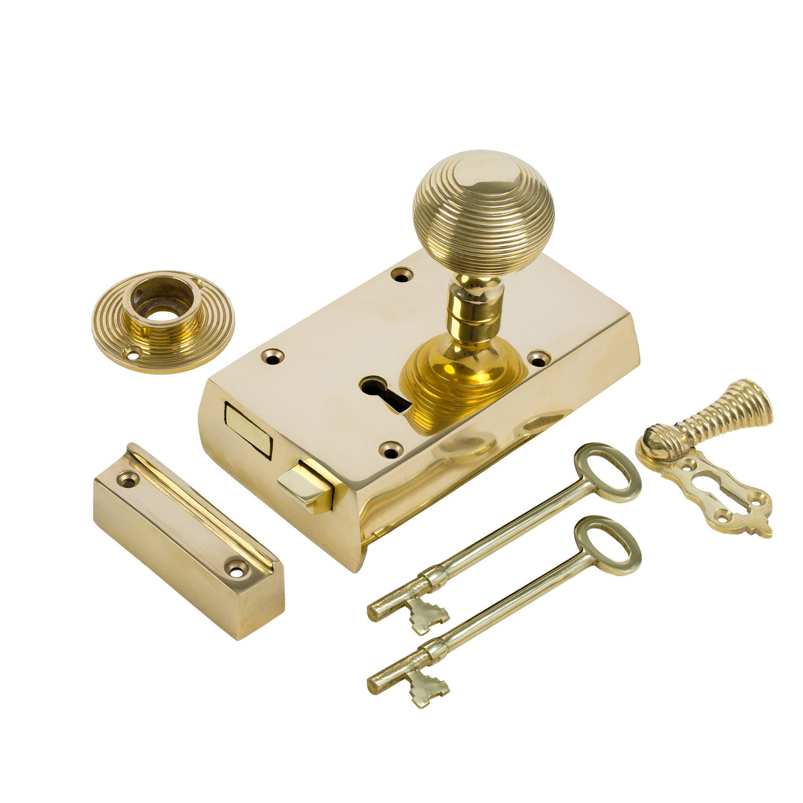 SHOW Right Handed Small Brass Rim Lock with Brass Beehive Door Knob Set