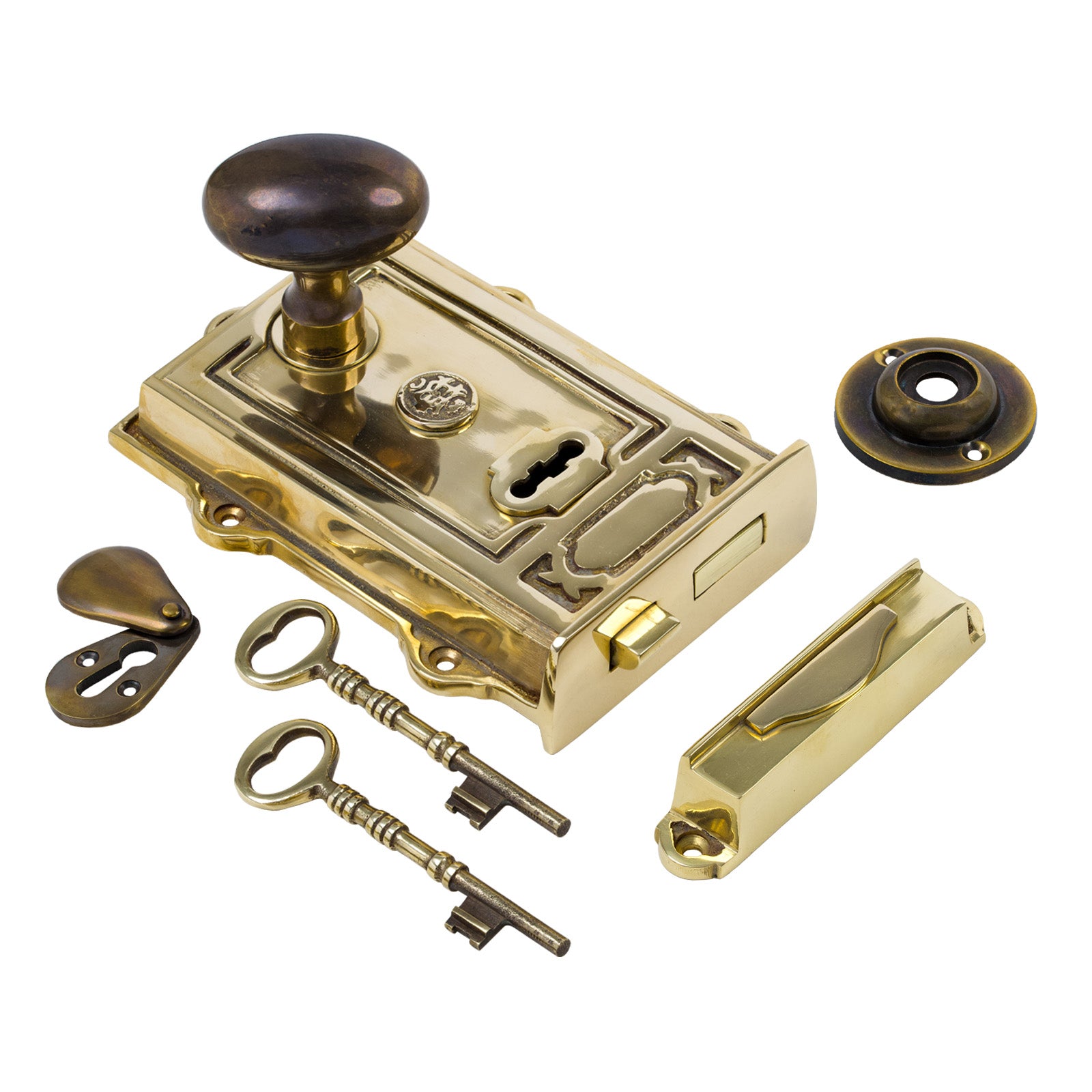 SHOW Image of Ornate Brass Rim Lock with Brass Oval Door Knob Set - Antique Brass
