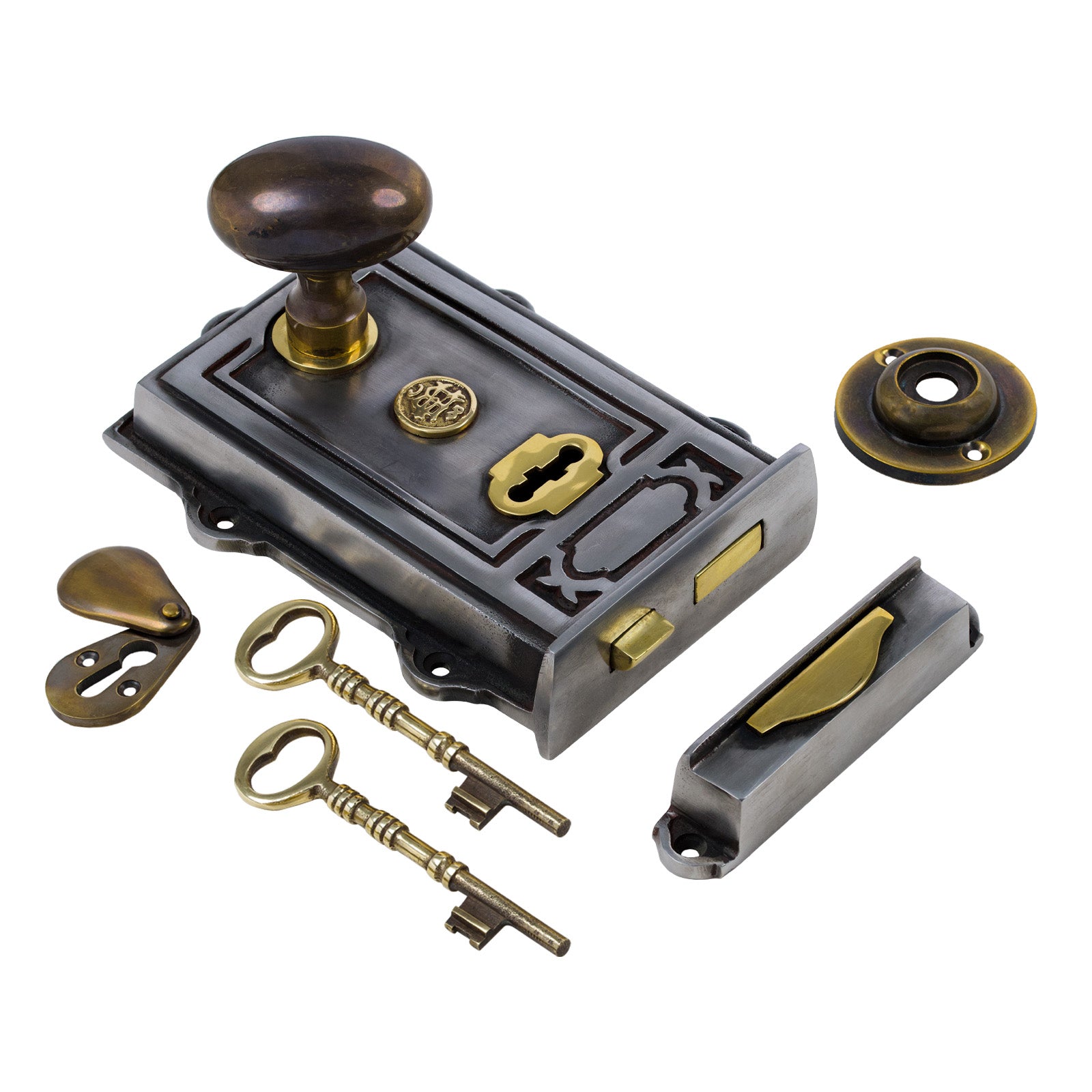 SHOW Image of Ornate Iron Rim Lock with Brass Oval Door Knob Set - Antique Brass