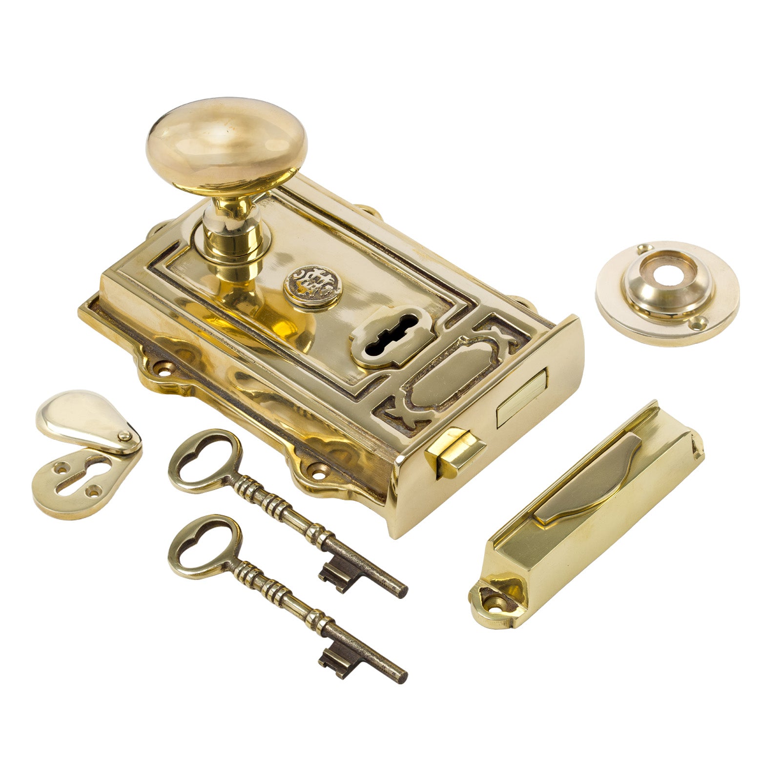 SHOW Image of Ornate Brass Rim Lock with Brass Oval Door Knob Set - Polished Brass