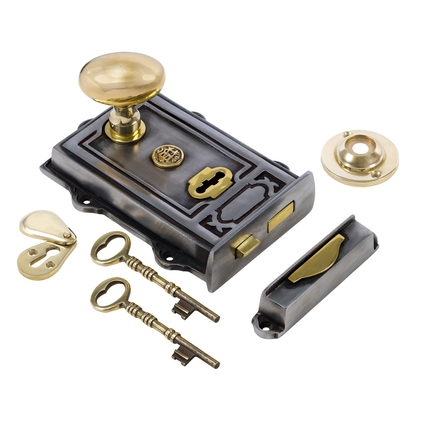 SHOW Image of Ornate Iron Rim Lock with Brass Oval Door Knob Set