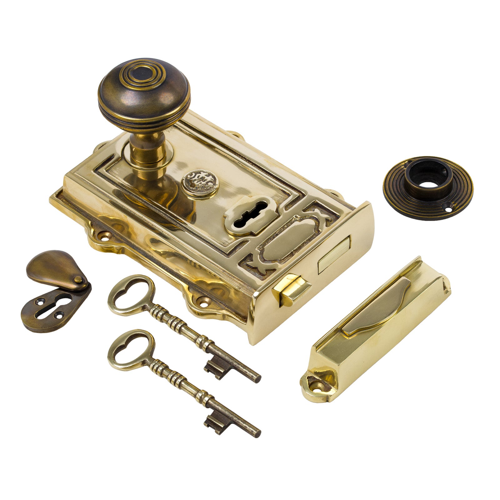 SHOW Image of Ornate Brass Rim Lock with Brass Ringed Door Knob Set - Antique Brass