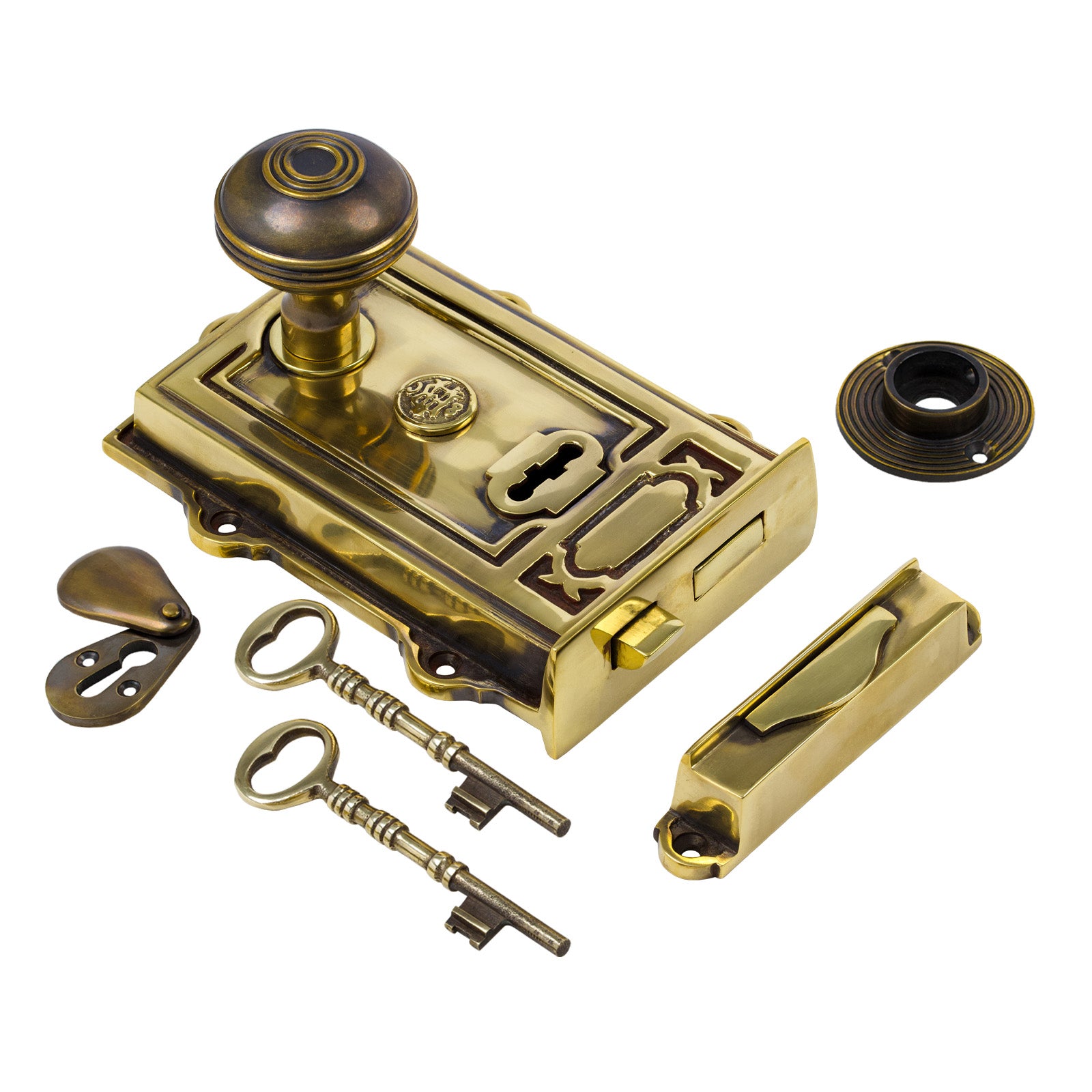 SHOW Image of Ornate Antique Brass Rim Lock with Ringed Door Knob Set - Antique Brass