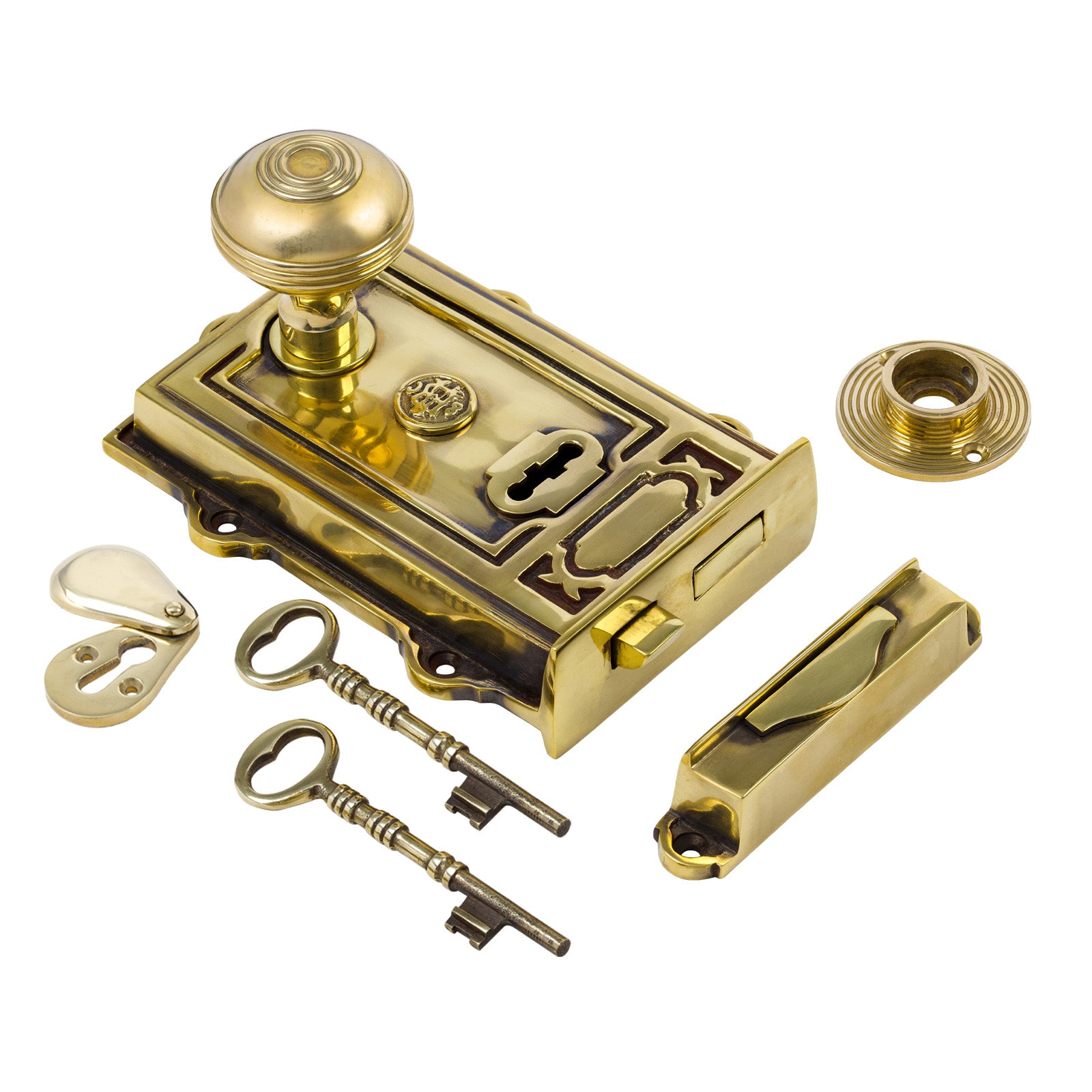SHOW Image of Ornate Antique Brass Rim Lock with Brass Ringed Door Knob Set - Polished Brass